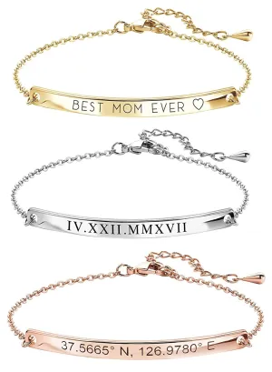Custom Name Bracelet Coordinate Engraved Bracelet for Women Mothers Day Gifts for Mom Gold Bar Jewelry for Teen Girls Mother in Law Graduation Gift -12BR