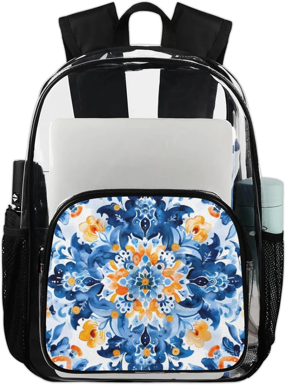 Customizable Clear Backpack for Women Men,Clear Bag for Stadium Events With Waterproof PVC Plastic Material,Abstract Blue Flower Pattern - L