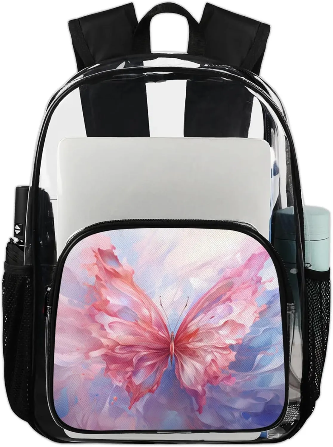 Customizable Clear Backpack for Women Men,Clear Bag for Stadium Events With Waterproof PVC Plastic Material,Abstract Butterfly - L