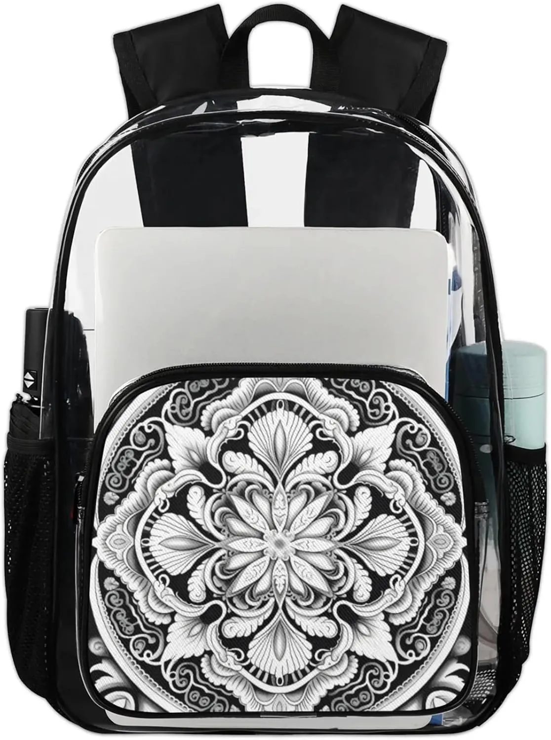 Customizable Clear Backpack for Women Men,Clear Bag for Stadium Events With Waterproof PVC Plastic Material,Black Pattern - L