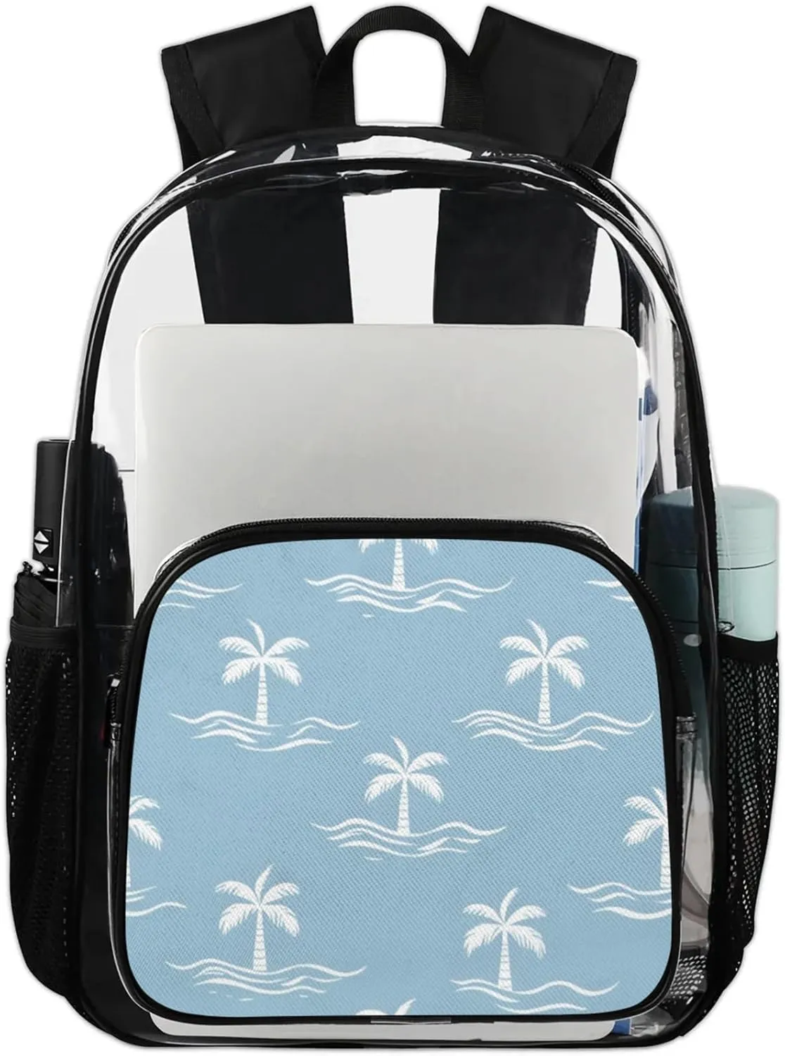 Customizable Clear Backpack for Women Men,Clear Bag for Stadium Events With Waterproof PVC Plastic Material,Blue Coconut Trees - L