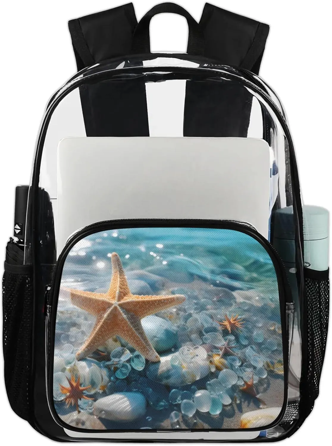 Customizable Clear Backpack for Women Men,Clear Bag for Stadium Events With Waterproof PVC Plastic Material,Bright Starfishes - L