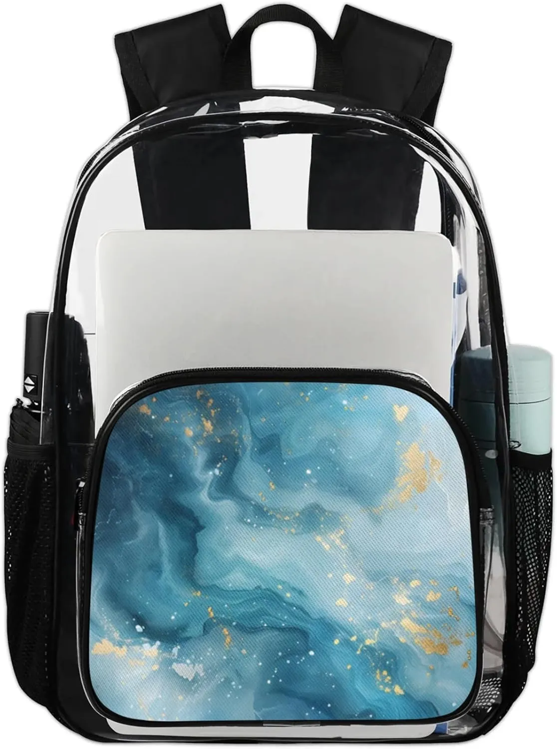 Customizable Clear Backpack for Women Men,Clear Bag for Stadium Events With Waterproof PVC Plastic Material,Cyan Marble - L