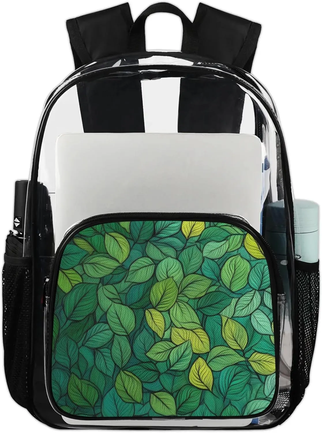 Customizable Clear Backpack for Women Men,Clear Bag for Stadium Events With Waterproof PVC Plastic Material,Dark Green Leaves - L