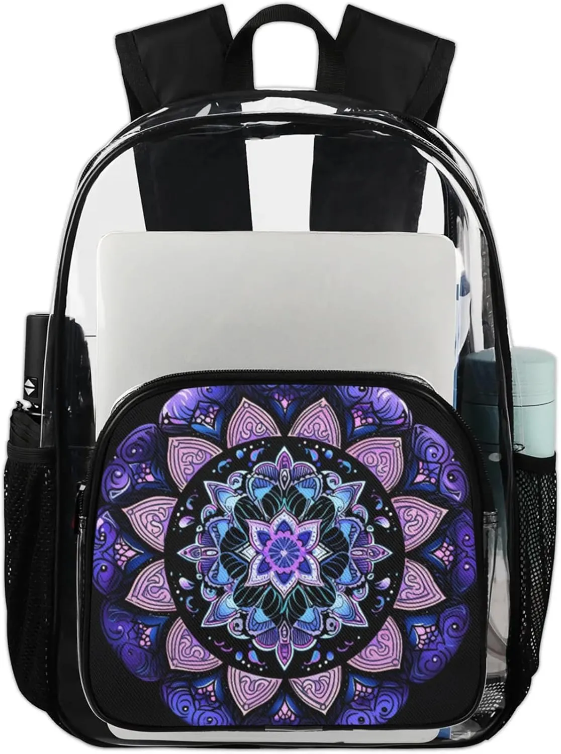 Customizable Clear Backpack for Women Men,Clear Bag for Stadium Events With Waterproof PVC Plastic Material,Flowers Mandala - L