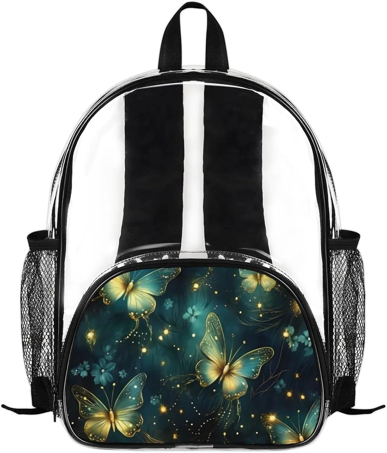 Customizable Clear Backpack for Women Men,Clear Bag for Stadium Events With Waterproof PVC Plastic Material,Fluorescent butterflies - M
