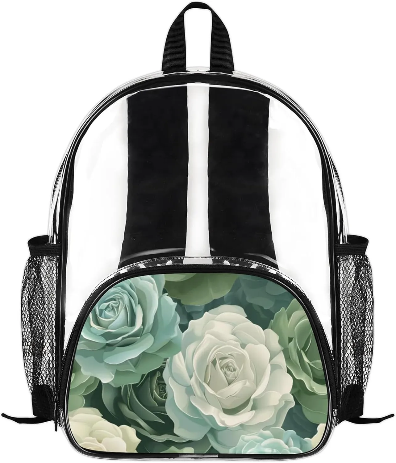 Customizable Clear Backpack for Women Men,Clear Bag for Stadium Events With Waterproof PVC Plastic Material,Green Roses - M