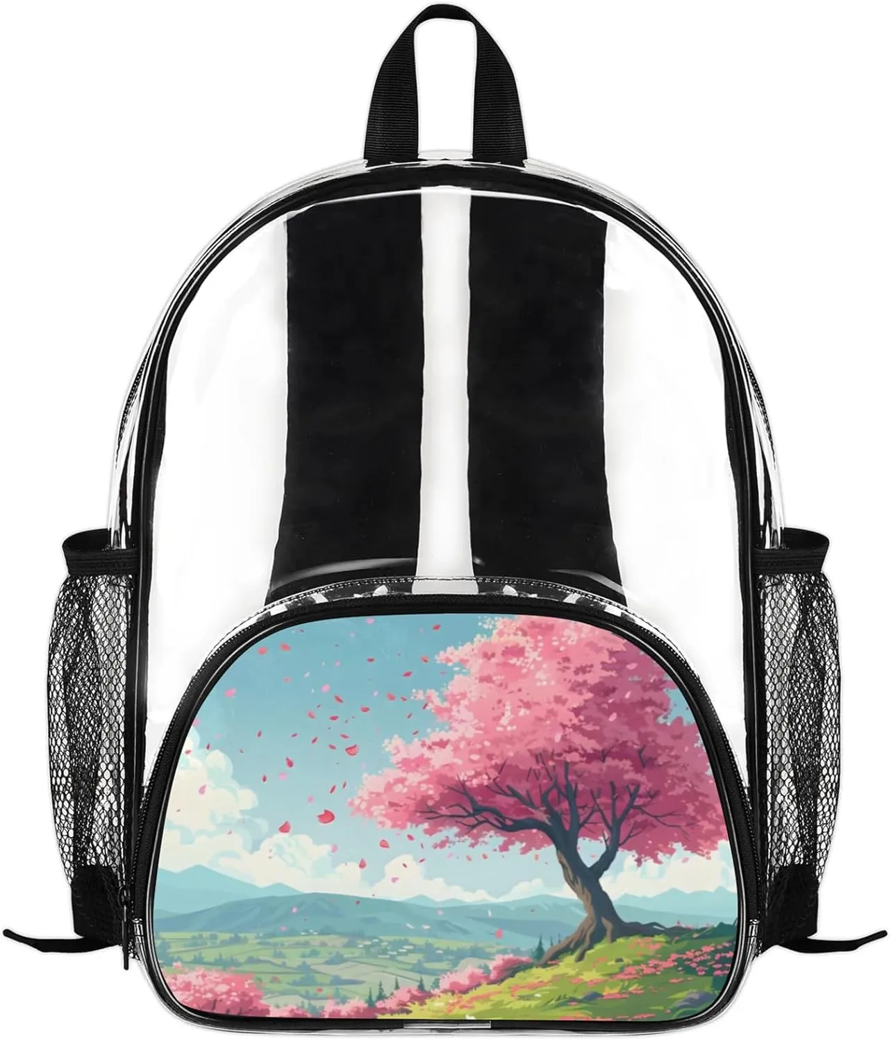 Customizable Clear Backpack for Women Men,Clear Bag for Stadium Events With Waterproof PVC Plastic Material,Hillside Trees - M