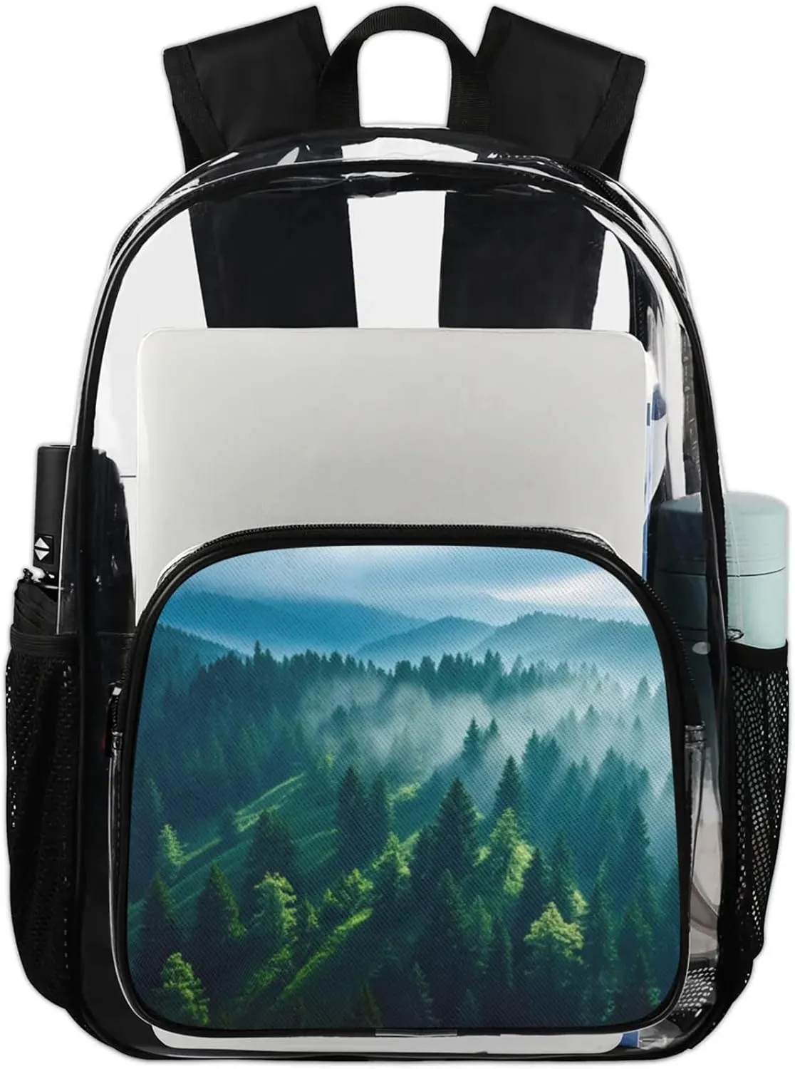 Customizable Clear Backpack for Women Men,Clear Bag for Stadium Events With Waterproof PVC Plastic Material,Mist Forest - L