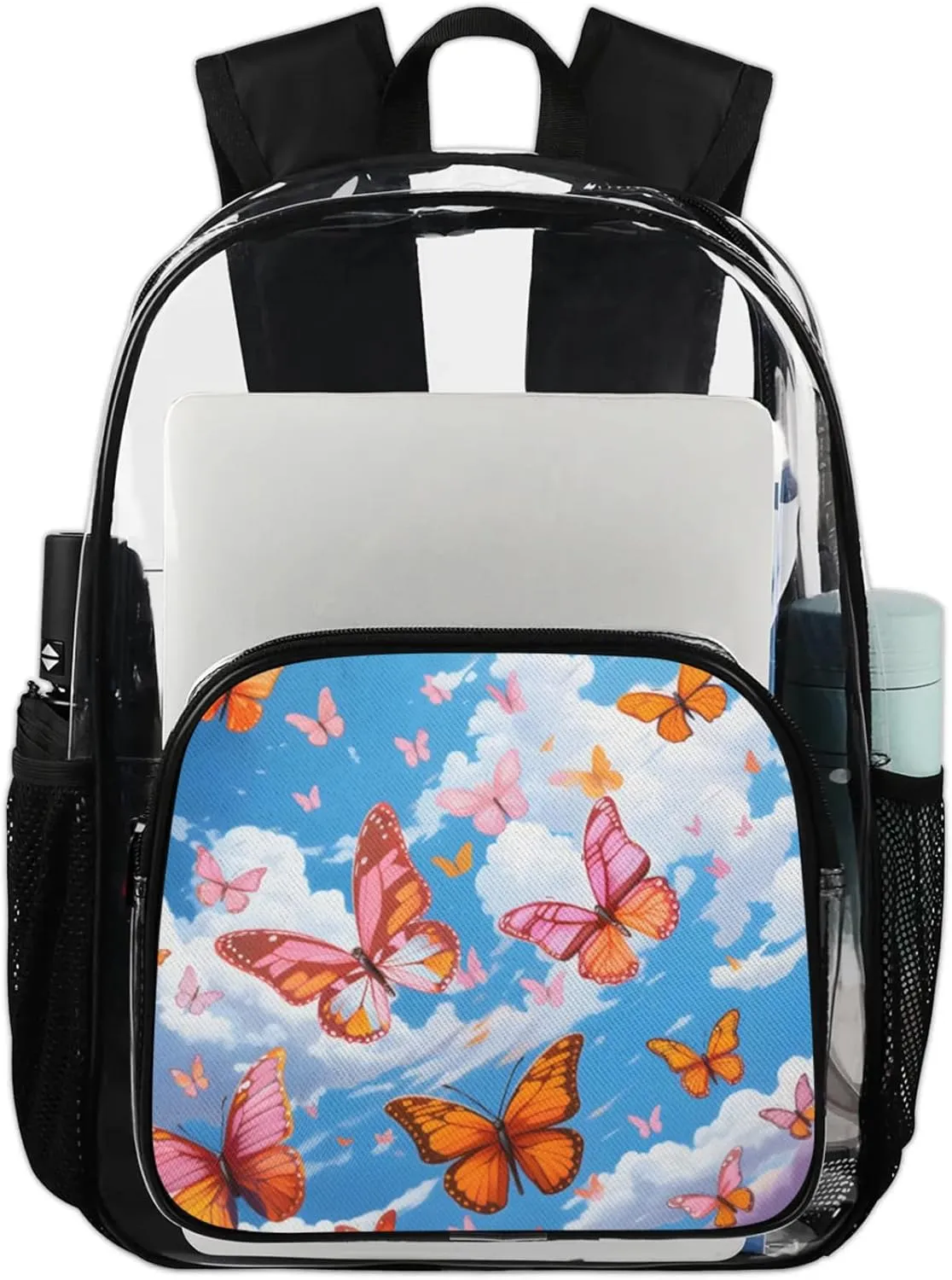 Customizable Clear Backpack for Women Men,Clear Bag for Stadium Events With Waterproof PVC Plastic Material,Orange Butterflies - L