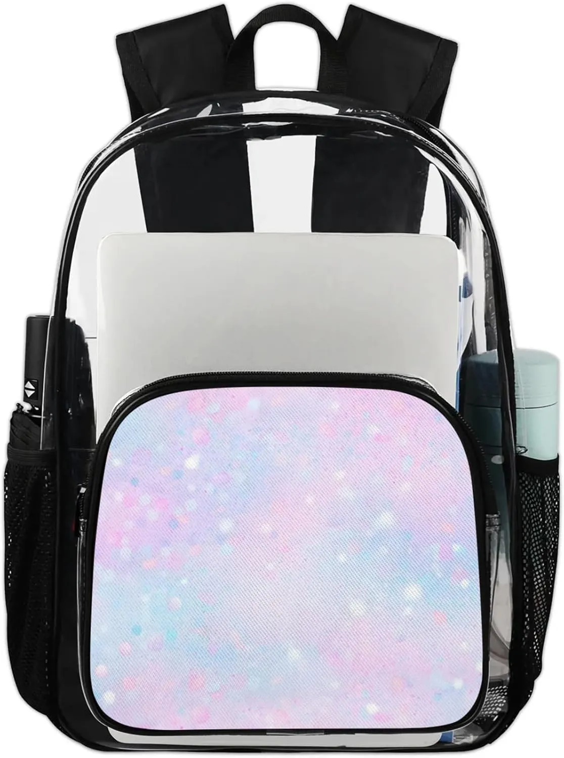Customizable Clear Backpack for Women Men,Clear Bag for Stadium Events With Waterproof PVC Plastic Material,Pink Glitter - L