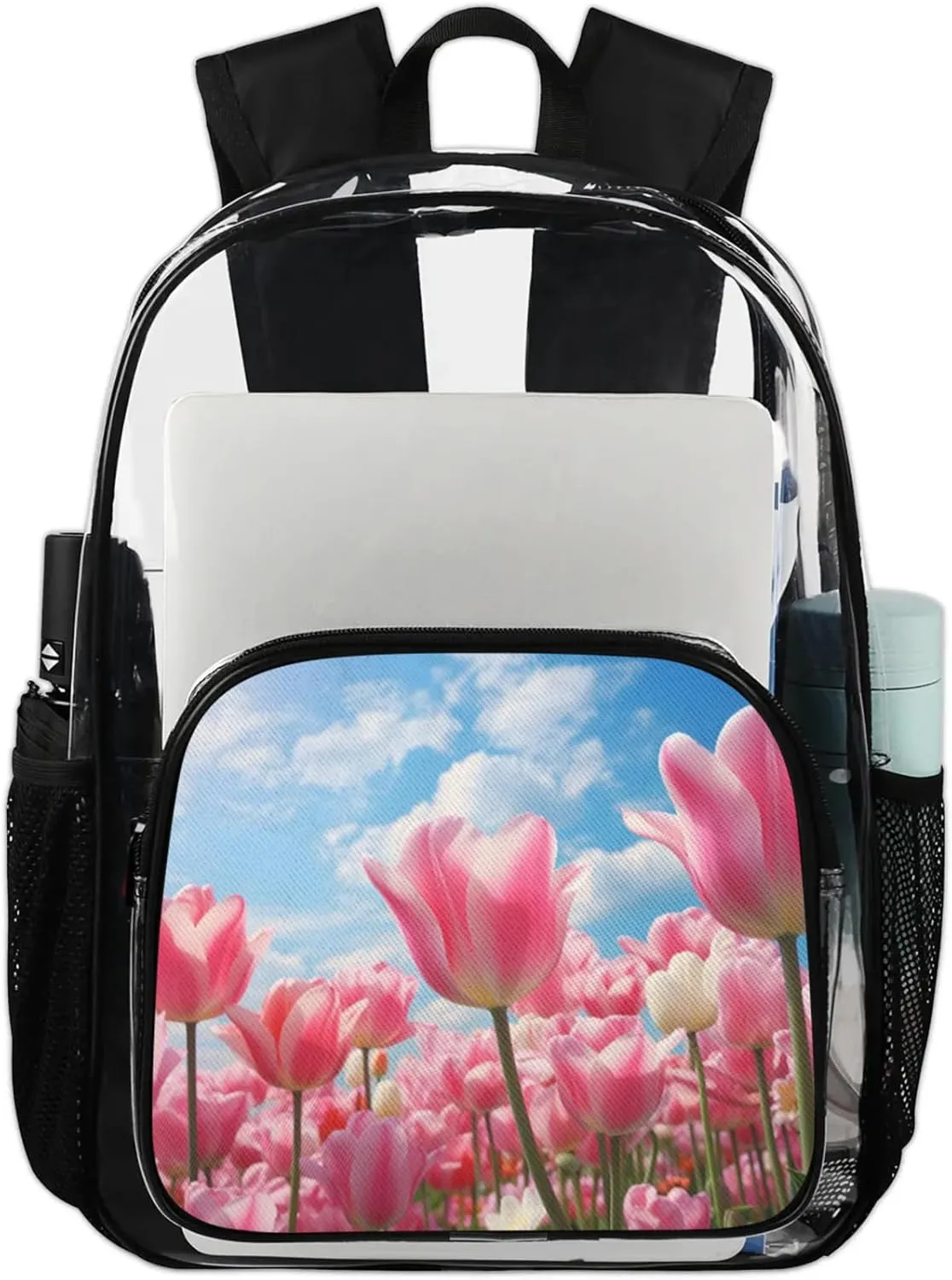 Customizable Clear Backpack for Women Men,Clear Bag for Stadium Events With Waterproof PVC Plastic Material,Pink Tulips - L