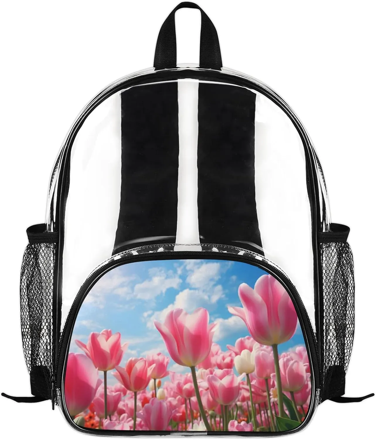 Customizable Clear Backpack for Women Men,Clear Bag for Stadium Events With Waterproof PVC Plastic Material,Pink Tulips - M