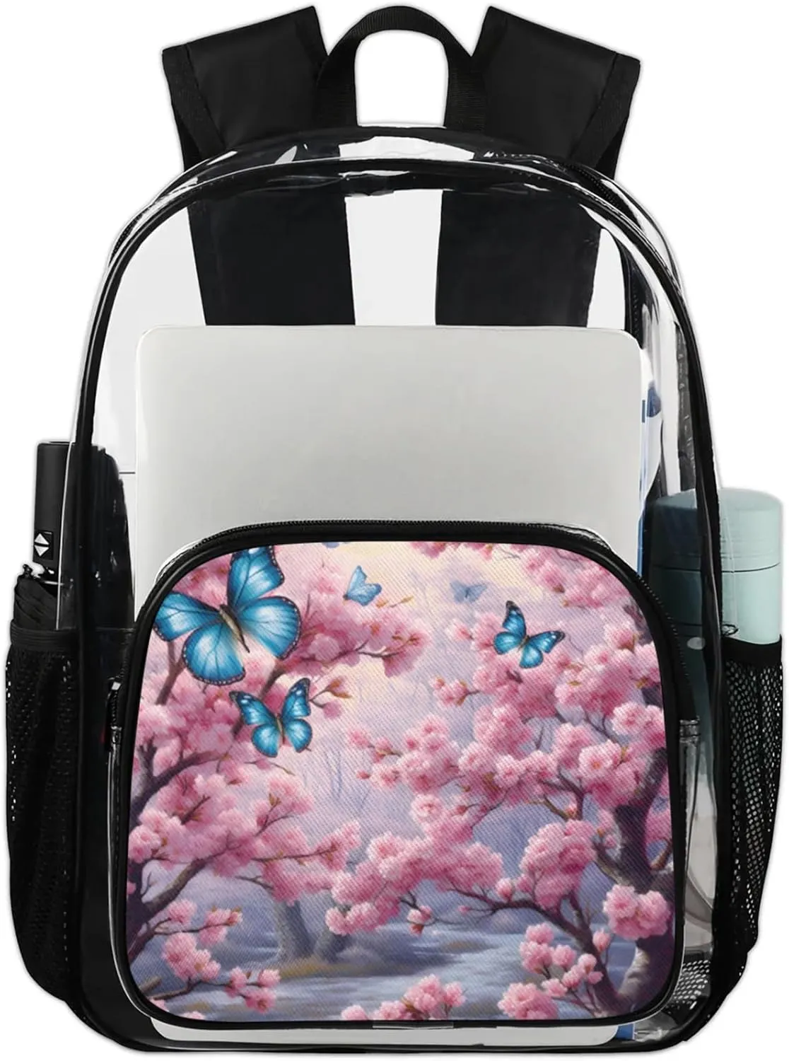 Customizable Clear Backpack for Women Men,Clear Bag for Stadium Events With Waterproof PVC Plastic Material,Pretty Butterflies - L