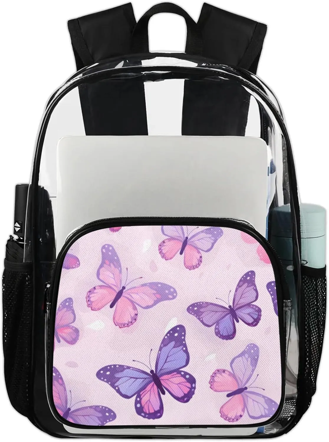 Customizable Clear Backpack for Women Men,Clear Bag for Stadium Events With Waterproof PVC Plastic Material,Purple Butterflies - L