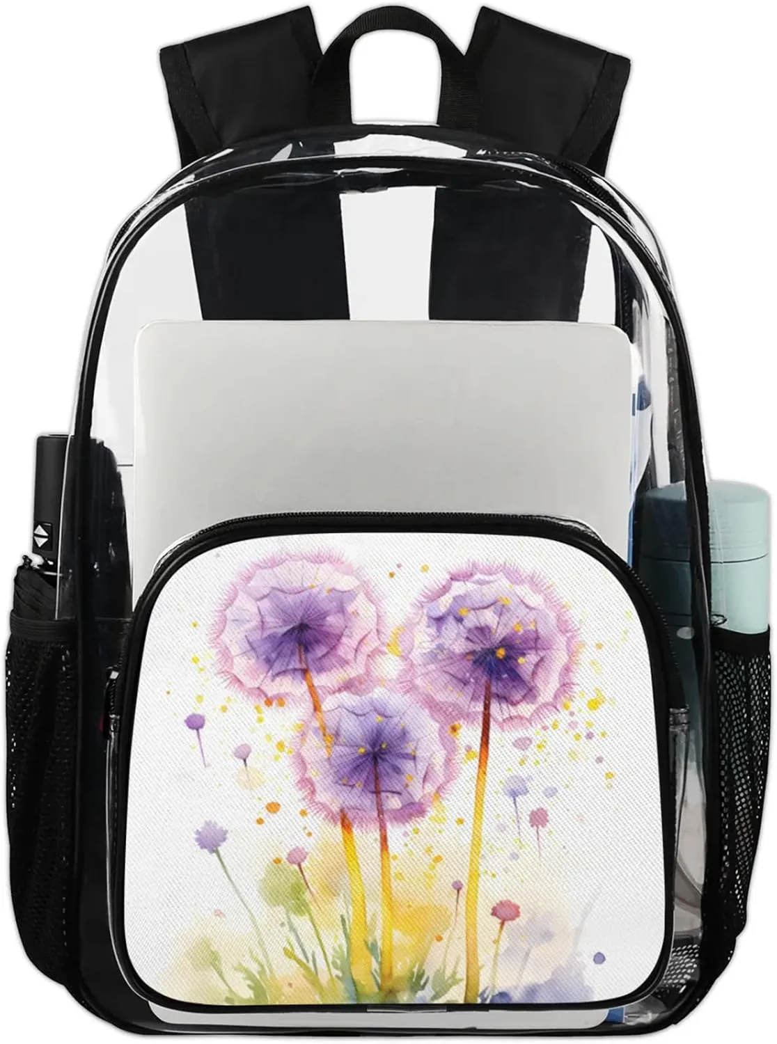 Customizable Clear Backpack for Women Men,Clear Bag for Stadium Events With Waterproof PVC Plastic Material,Purple Dandelions - L