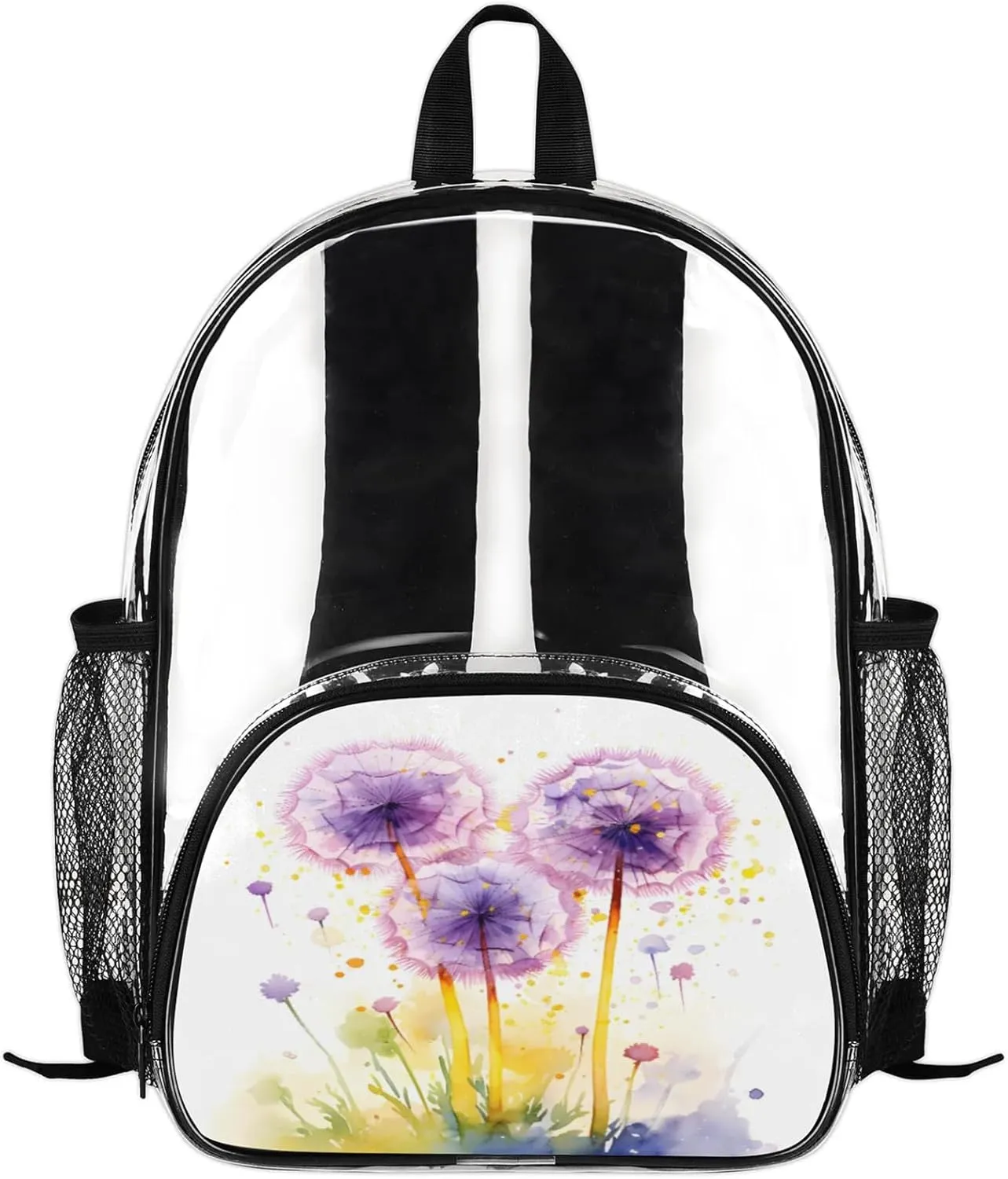 Customizable Clear Backpack for Women Men,Clear Bag for Stadium Events With Waterproof PVC Plastic Material,Purple Dandelions - M