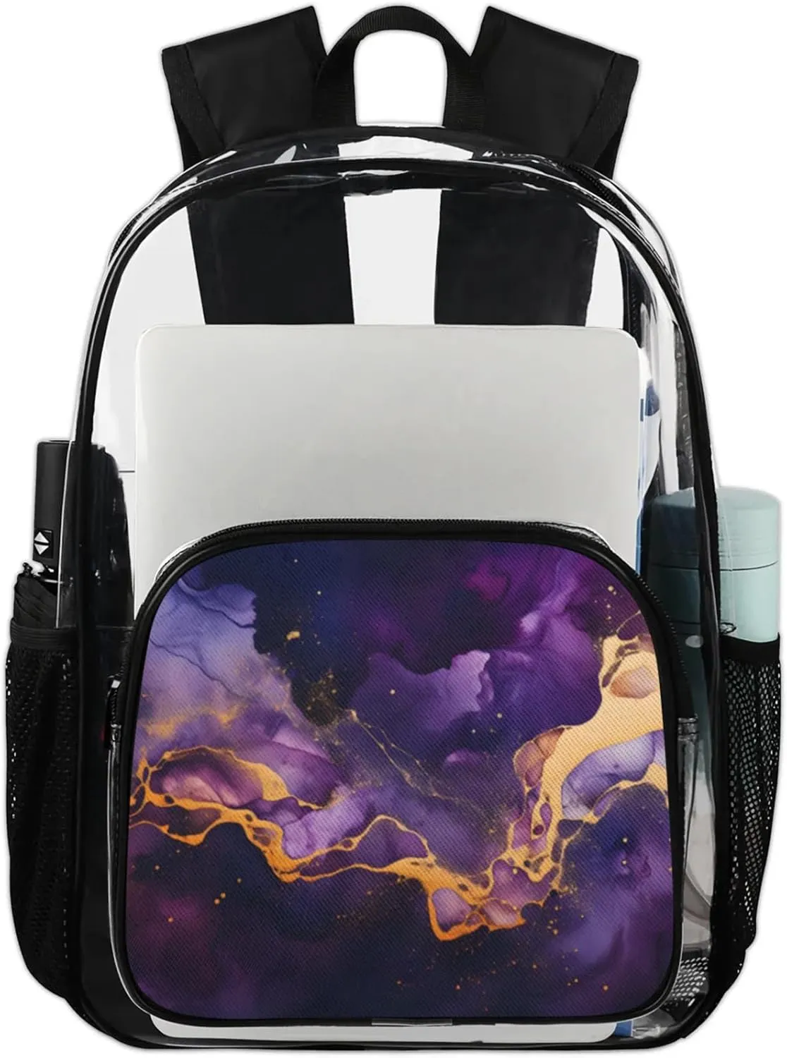 Customizable Clear Backpack for Women Men,Clear Bag for Stadium Events With Waterproof PVC Plastic Material,Purple Gold Marble - L