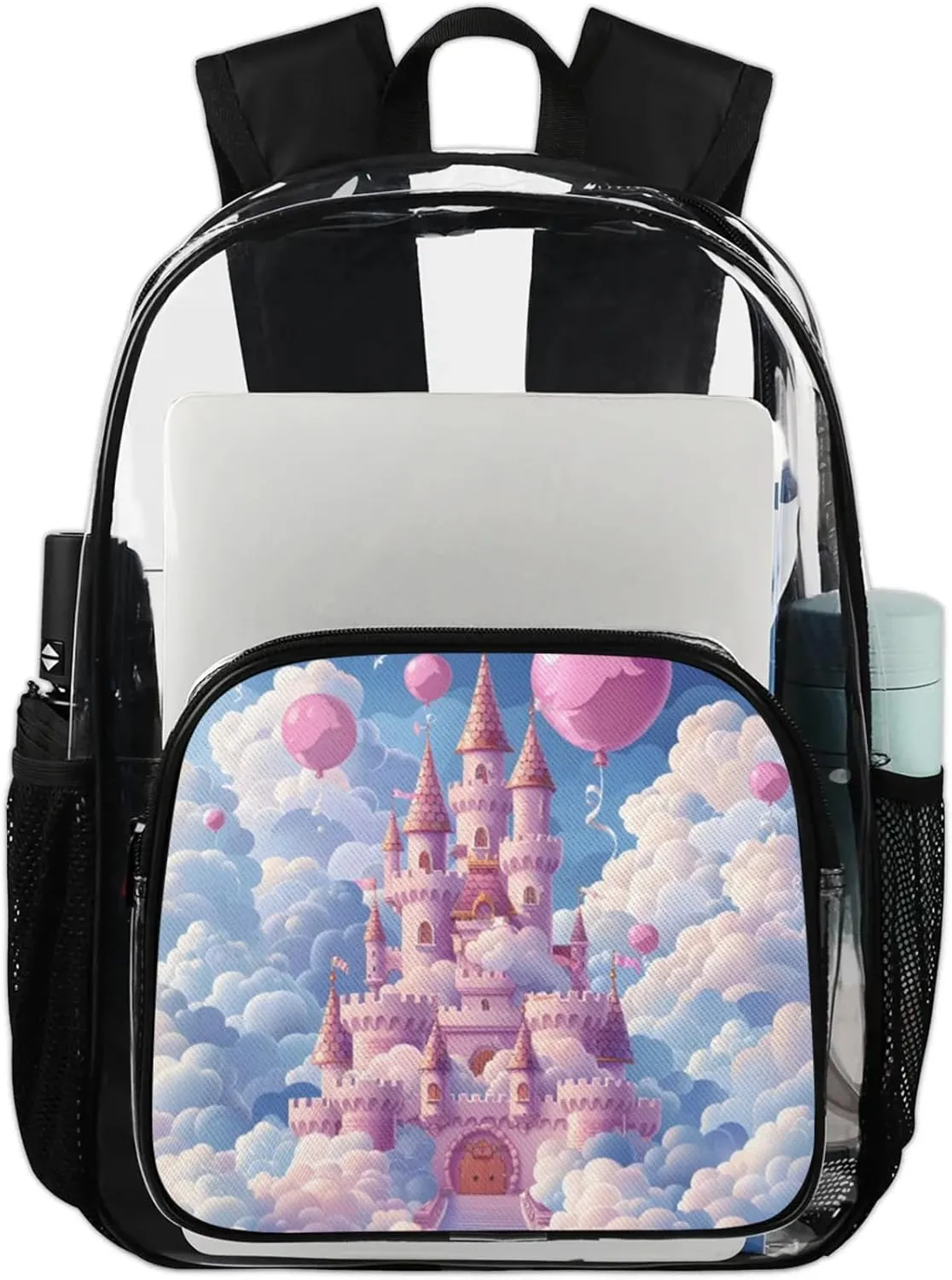 Customizable Clear Backpack for Women Men,Clear Bag for Stadium Events With Waterproof PVC Plastic Material,Sky Castle - L