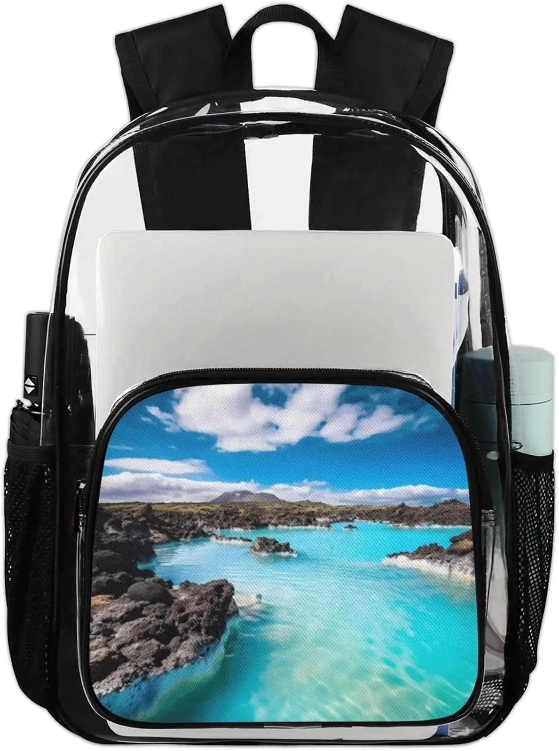 Customizable Clear Backpack for Women Men,Clear Bag for Stadium Events With Waterproof PVC Plastic Material,Sunny Sea View - L