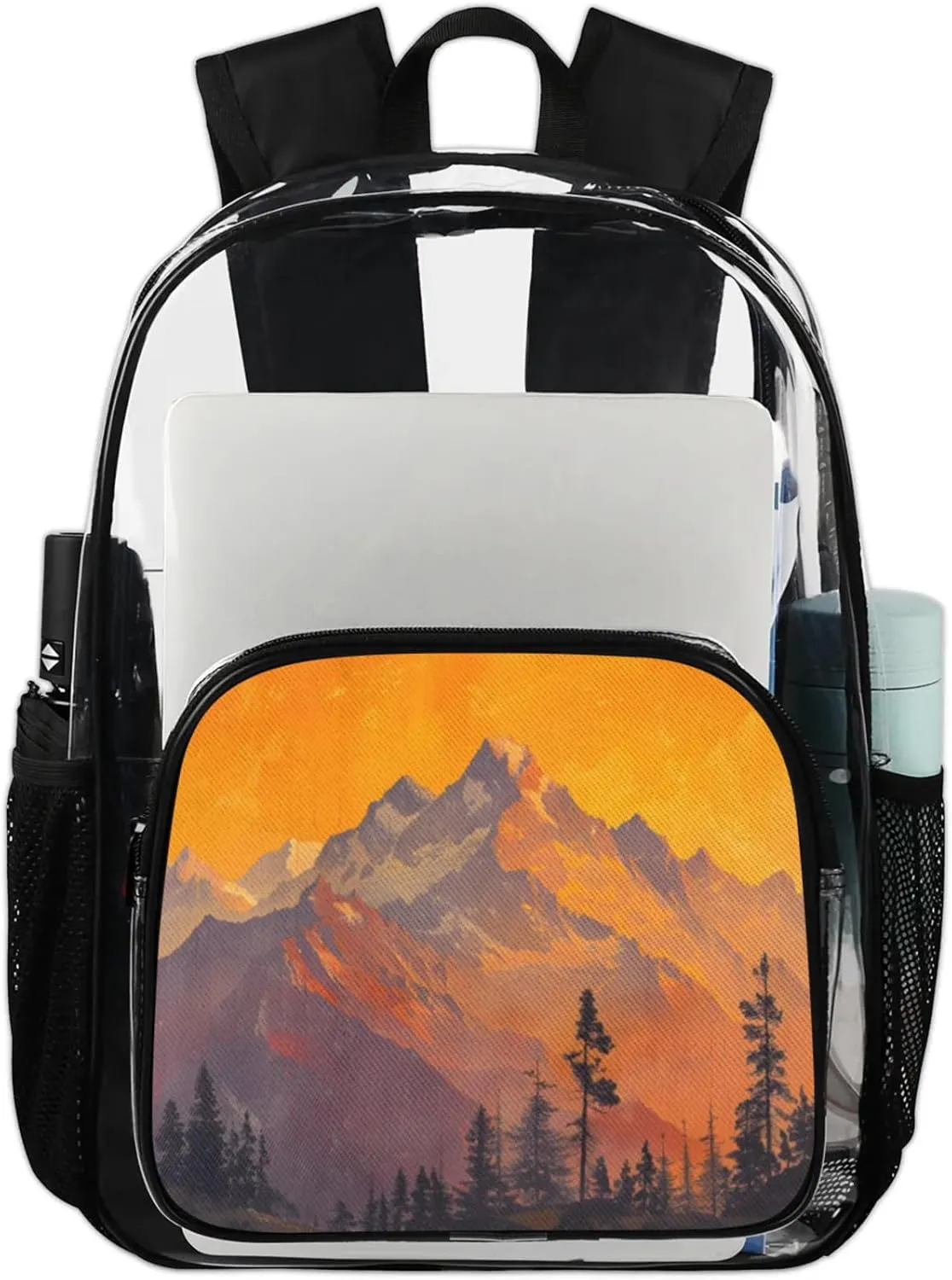 Customizable Clear Backpack for Women Men,Clear Bag for Stadium Events With Waterproof PVC Plastic Material,Sunset Mountain - L
