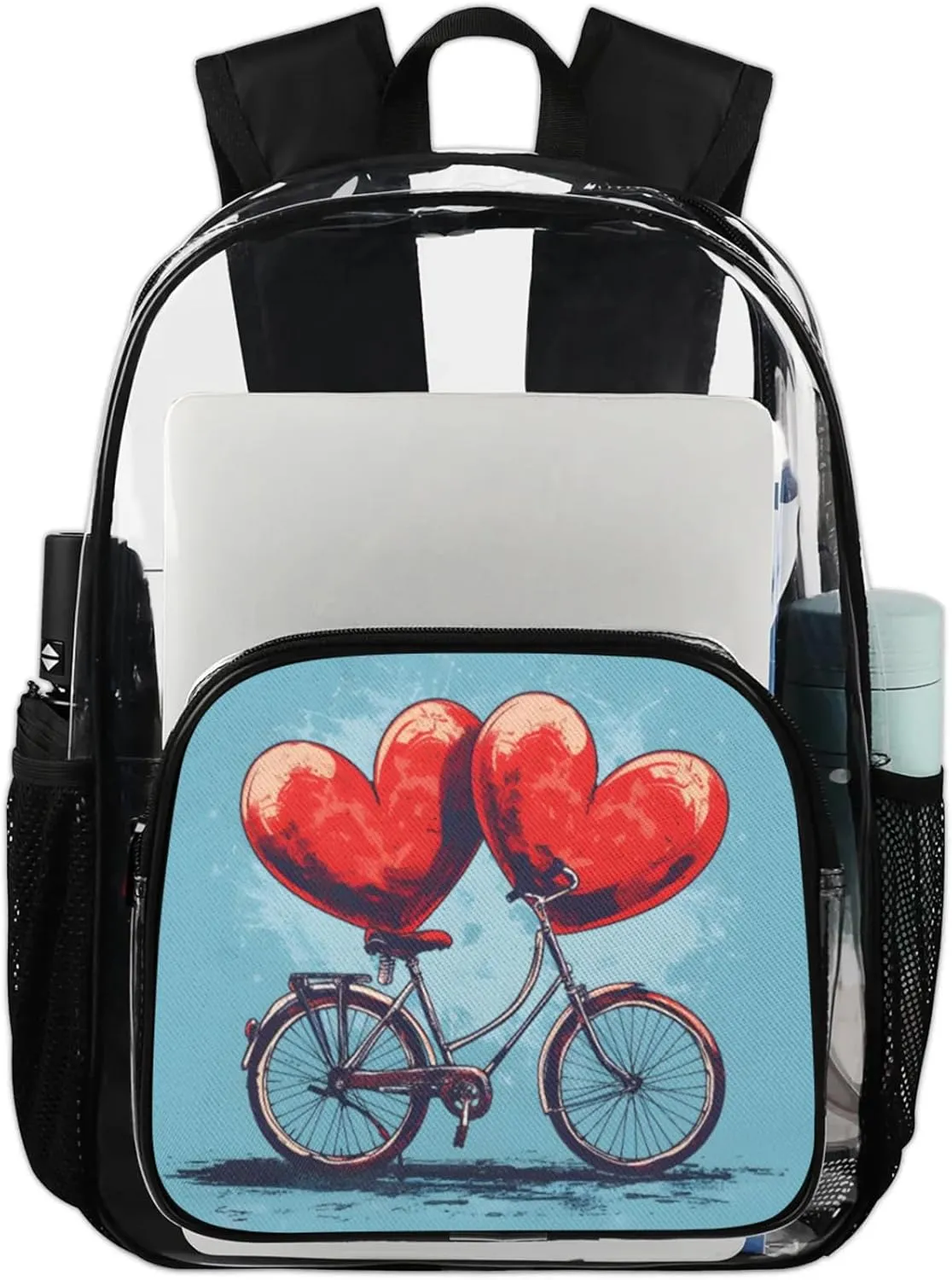 Customizable Clear Backpack for Women Men,Clear Bag for Stadium Events With Waterproof PVC Plastic Material,Valentine Bike - L