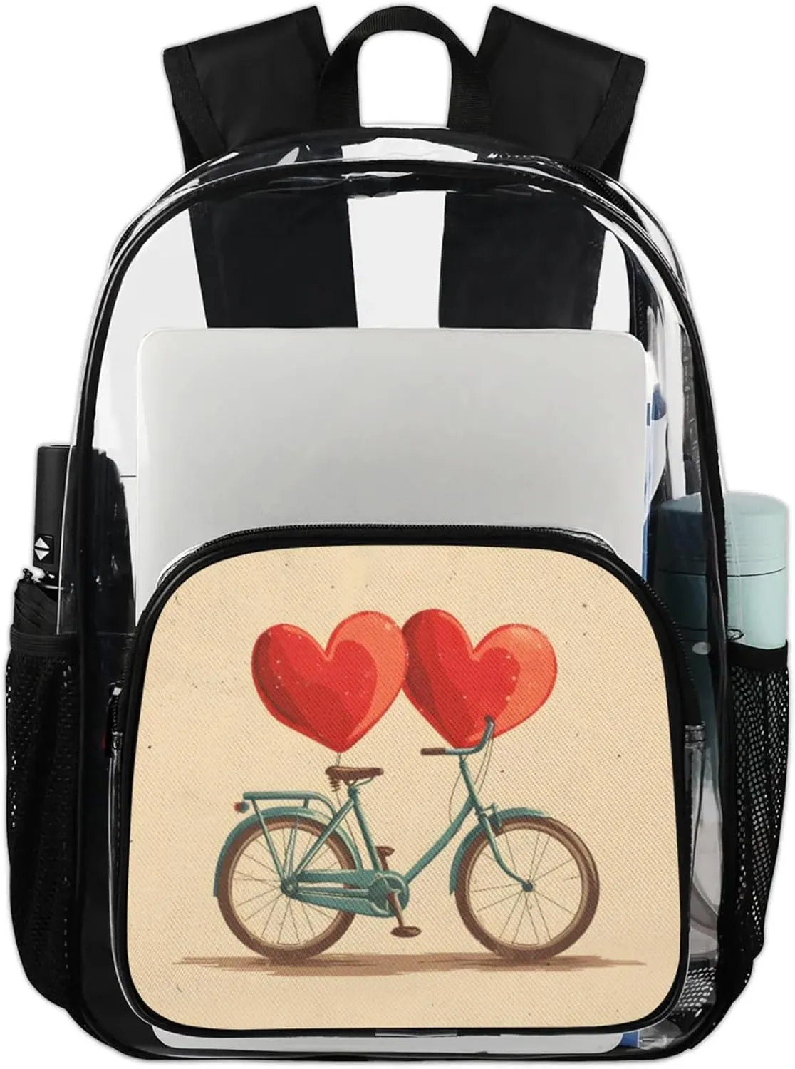 Customizable Clear Backpack for Women Men,Clear Bag for Stadium Events With Waterproof PVC Plastic Material,Valentine's Bike - L
