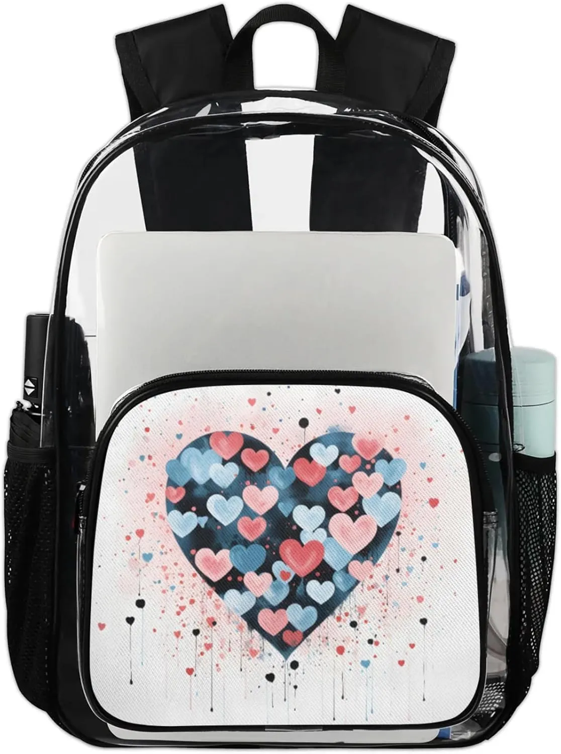 Customizable Clear Backpack for Women Men,Clear Bag for Stadium Events With Waterproof PVC Plastic Material,Watercolor Valentine Love - L