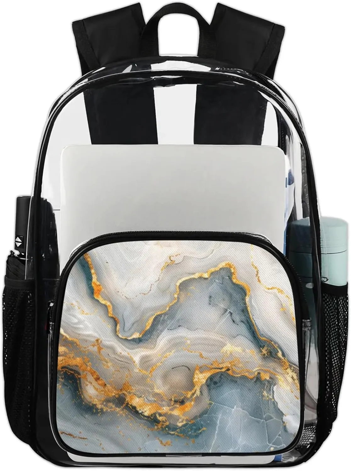 Customizable Clear Backpack for Women Men,Clear Bag for Stadium Events With Waterproof PVC Plastic Material,White Gold Marble - L
