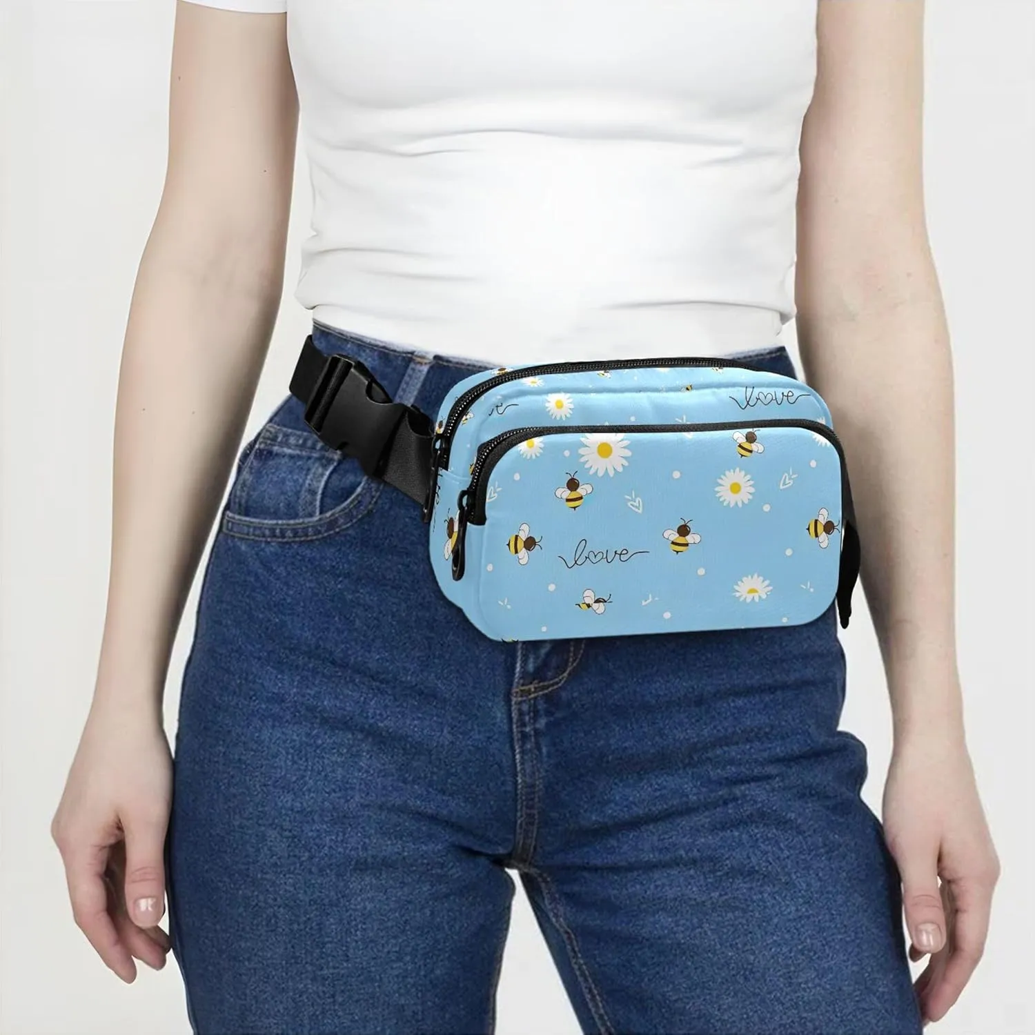 Customized Bees Daisy Flower Blue Women Fanny Pack Anti Theft Belt Bag Waterproof Bright Color Cross Body Waist Purse