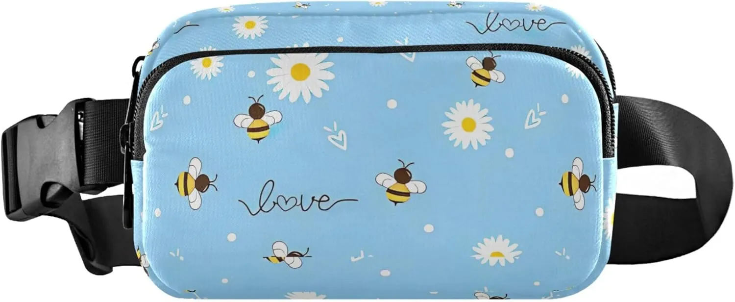 Customized Bees Daisy Flower Blue Women Fanny Pack Anti Theft Belt Bag Waterproof Bright Color Cross Body Waist Purse