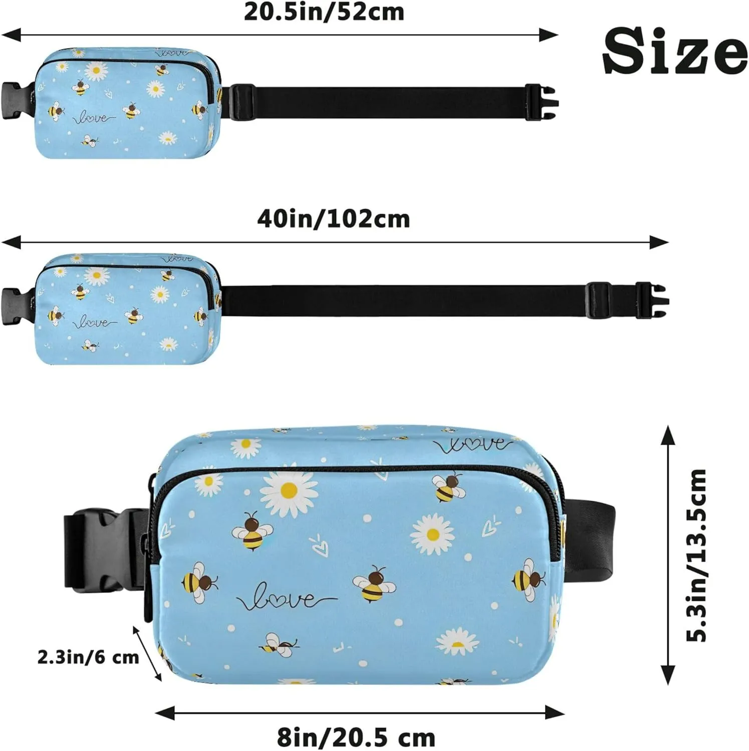 Customized Bees Daisy Flower Blue Women Fanny Pack Anti Theft Belt Bag Waterproof Bright Color Cross Body Waist Purse