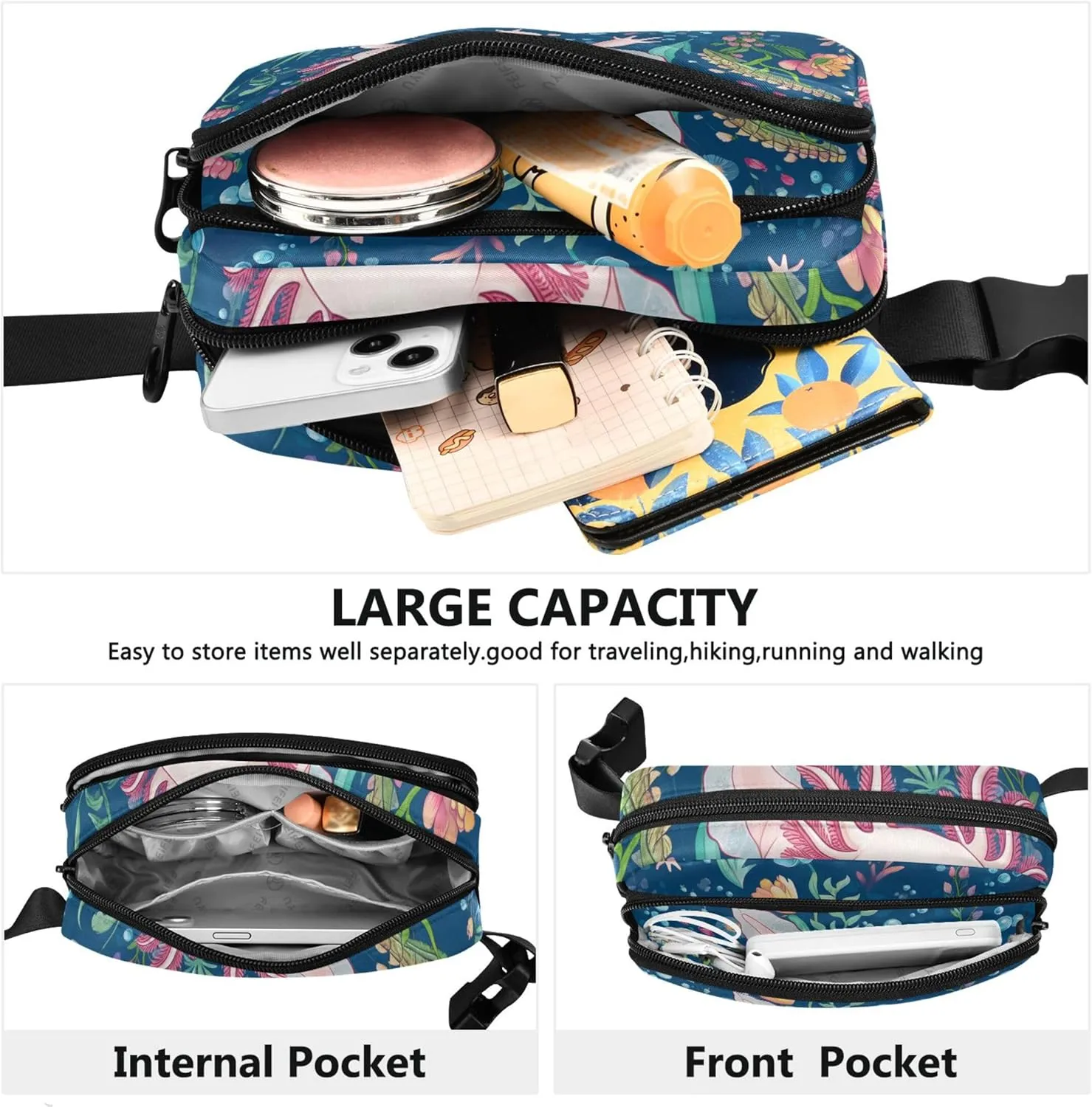Cute Axolotls Floral Blue Sea Fanny Packs Women Hiking Belt Bag Hip Pouch Waterproof Crossbody Waist Purse