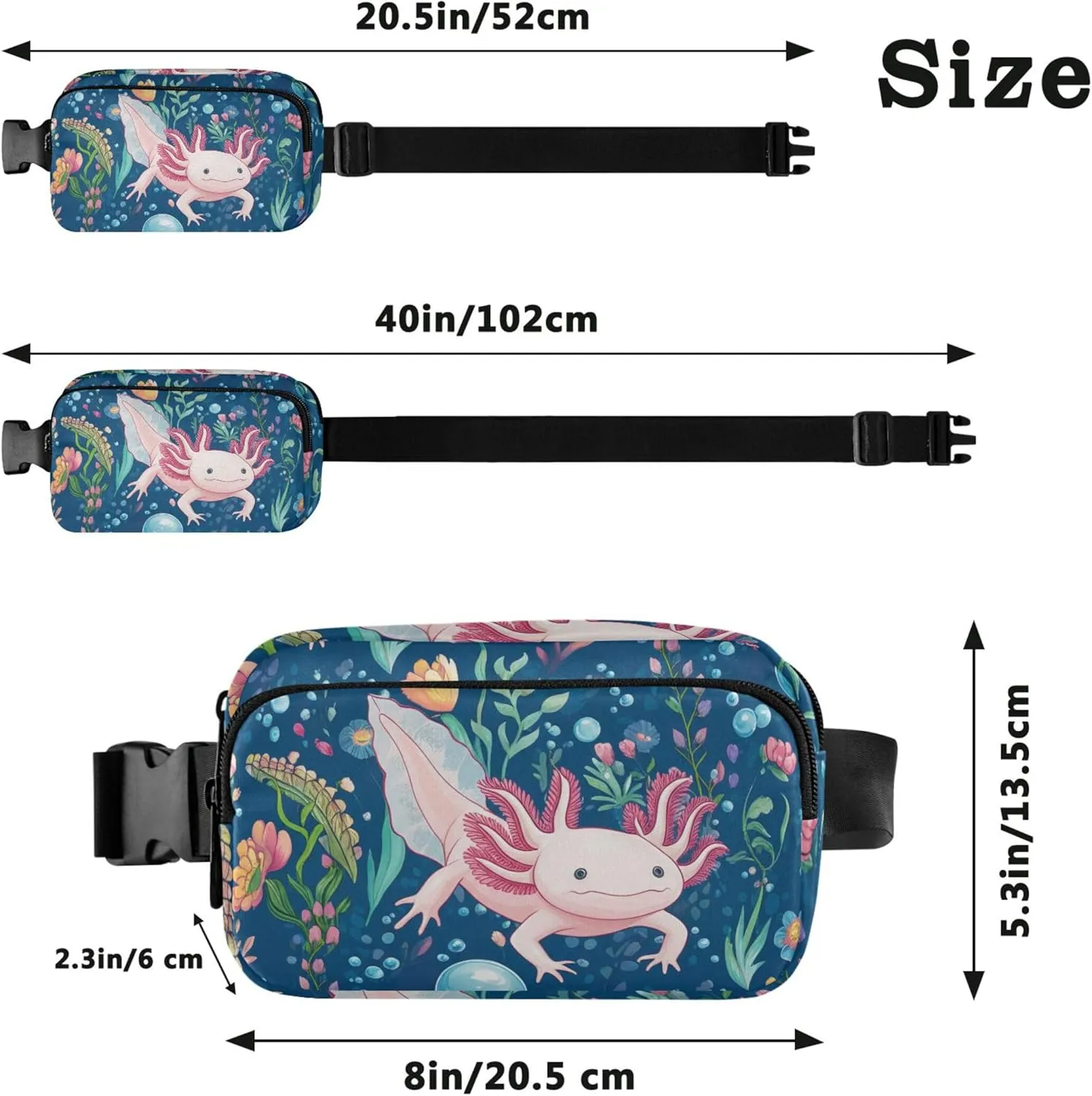 Cute Axolotls Floral Blue Sea Fanny Packs Women Hiking Belt Bag Hip Pouch Waterproof Crossbody Waist Purse