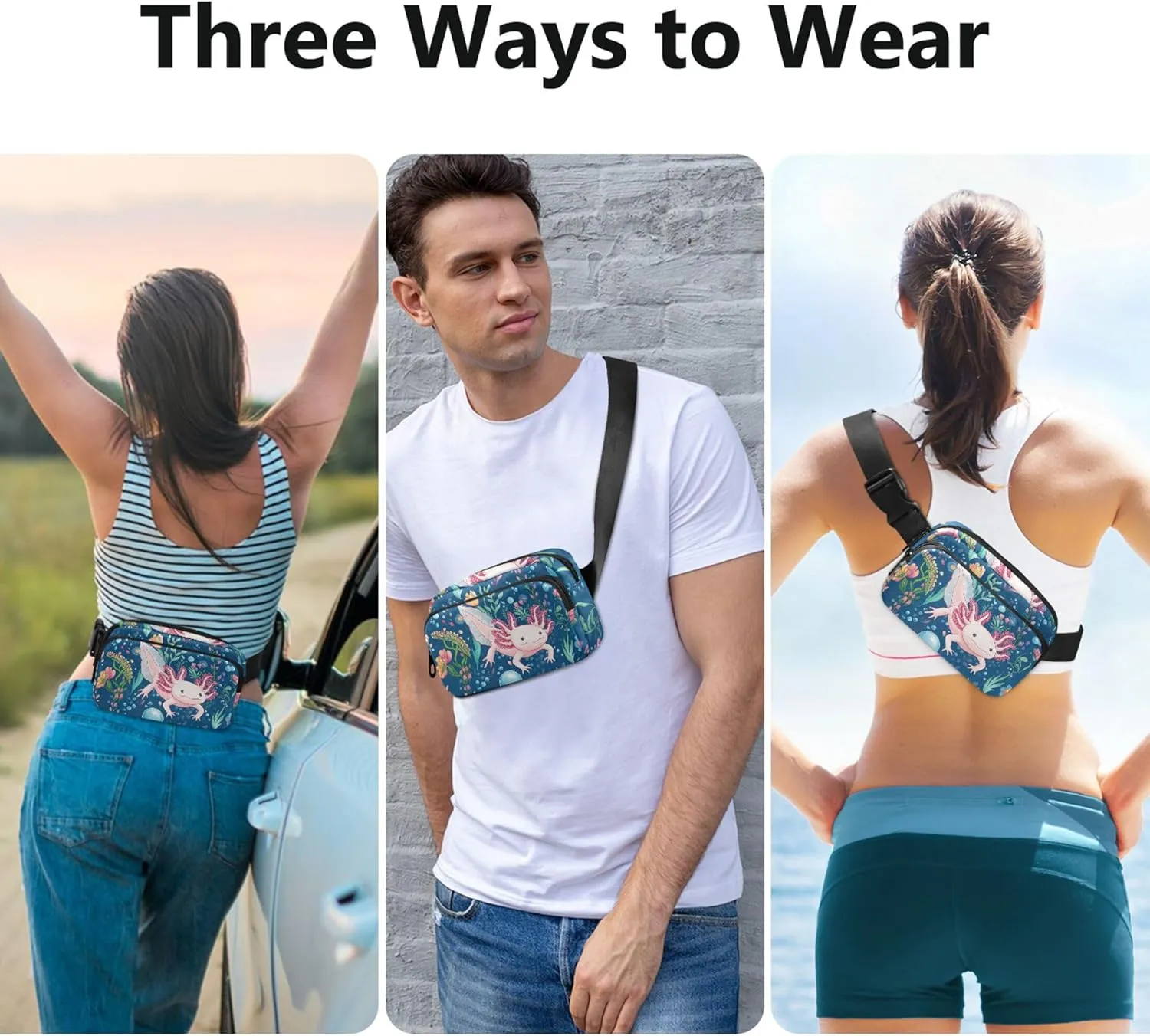 Cute Axolotls Floral Blue Sea Fanny Packs Women Hiking Belt Bag Hip Pouch Waterproof Crossbody Waist Purse