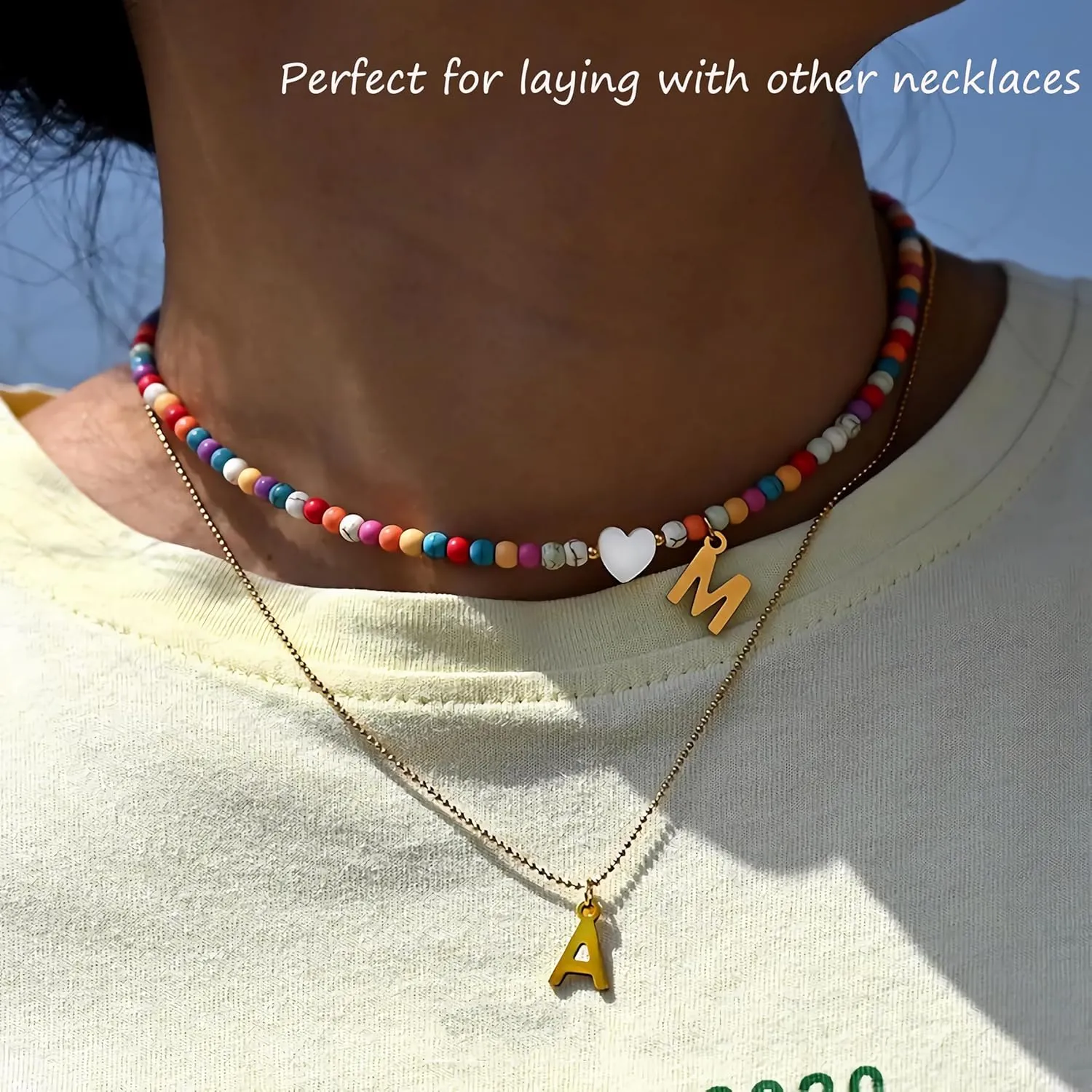 Cute Colorful Beaded Initial Necklace for Women Girls, Trendy Bohemian Letter Charm Choker Necklace 18K Gold Plated Handmade Beaded Necklace Personalized Summer Boho Necklace Jewelry Gifts