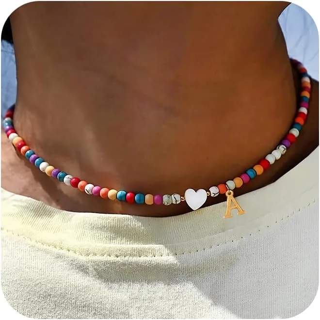 Cute Colorful Beaded Initial Necklace for Women Girls, Trendy Bohemian Letter Charm Choker Necklace 18K Gold Plated Handmade Beaded Necklace Personalized Summer Boho Necklace Jewelry Gifts