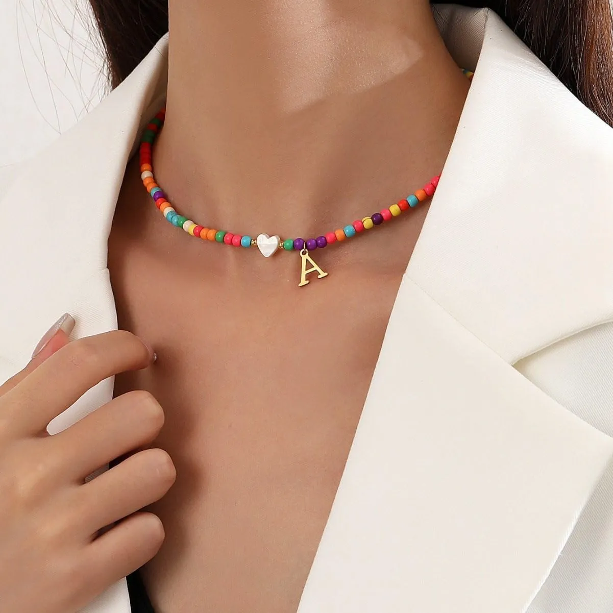 Cute Colorful Beaded Initial Necklace for Women Girls, Trendy Bohemian Letter Charm Choker Necklace 18K Gold Plated Handmade Beaded Necklace Personalized Summer Boho Necklace Jewelry Gifts