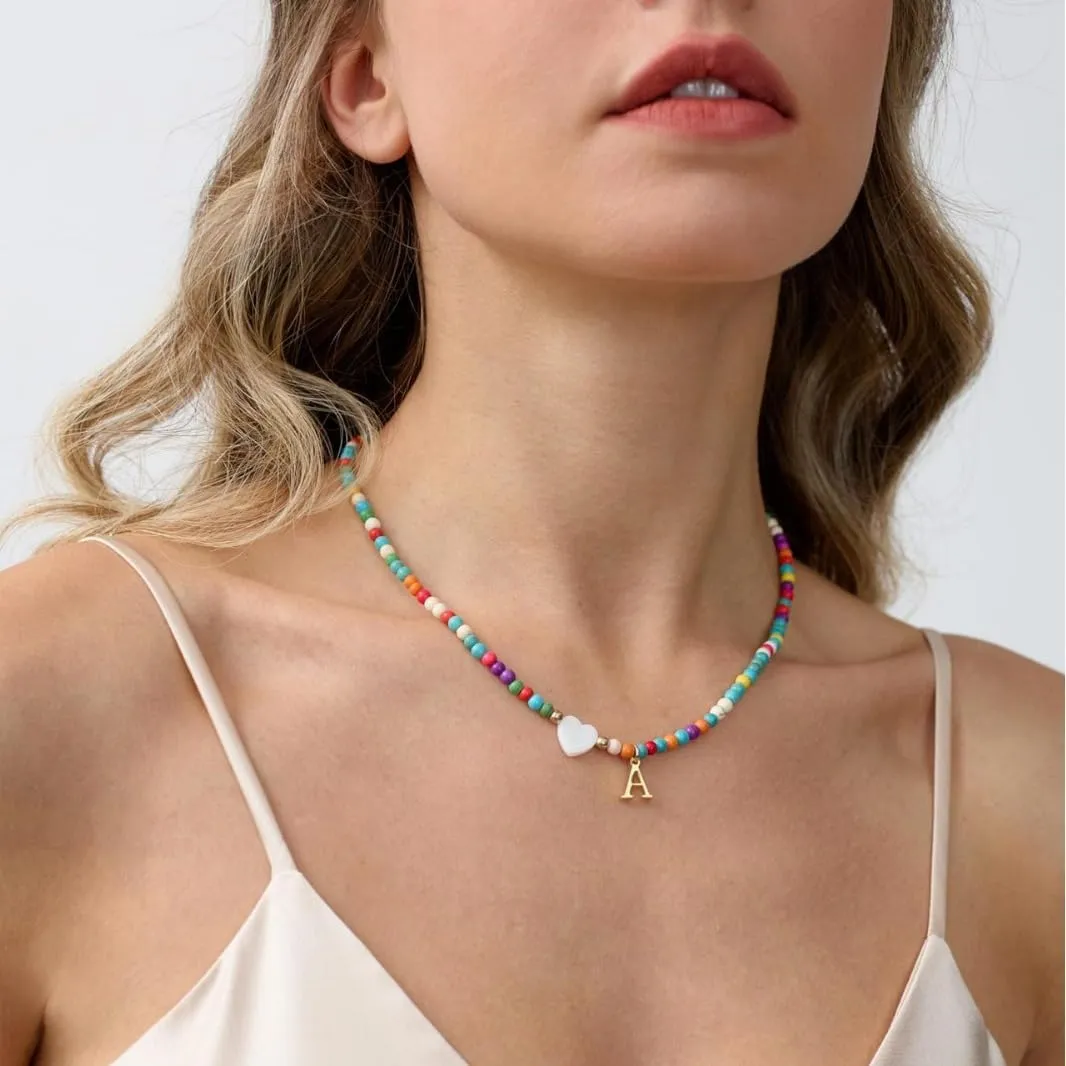 Cute Colorful Beaded Initial Necklace for Women Girls, Trendy Bohemian Letter Charm Choker Necklace 18K Gold Plated Handmade Beaded Necklace Personalized Summer Boho Necklace Jewelry Gifts