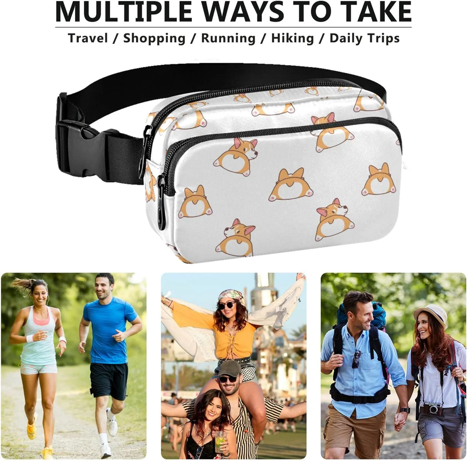 Cute Corgi Butt Cartoon Womens Fanny Pack Festival Large Hip Belt Bag Waterproof Waist Purse for Women