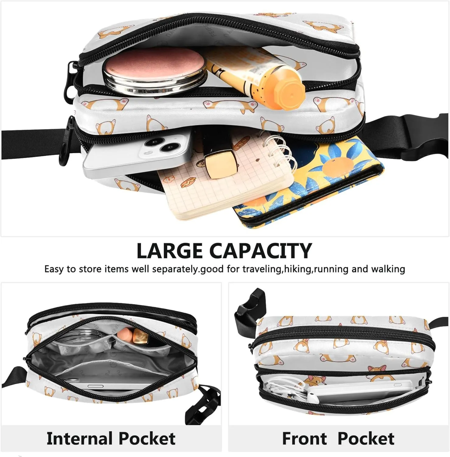 Cute Corgi Butt Cartoon Womens Fanny Pack Festival Large Hip Belt Bag Waterproof Waist Purse for Women