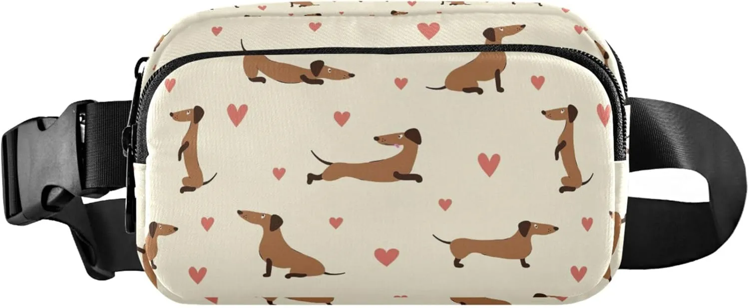 Cute Dachshunds Hearts Khaki Fanny Packs for Women Large Hip Belt Bag Waterproof Hiking Travel Waist Bag