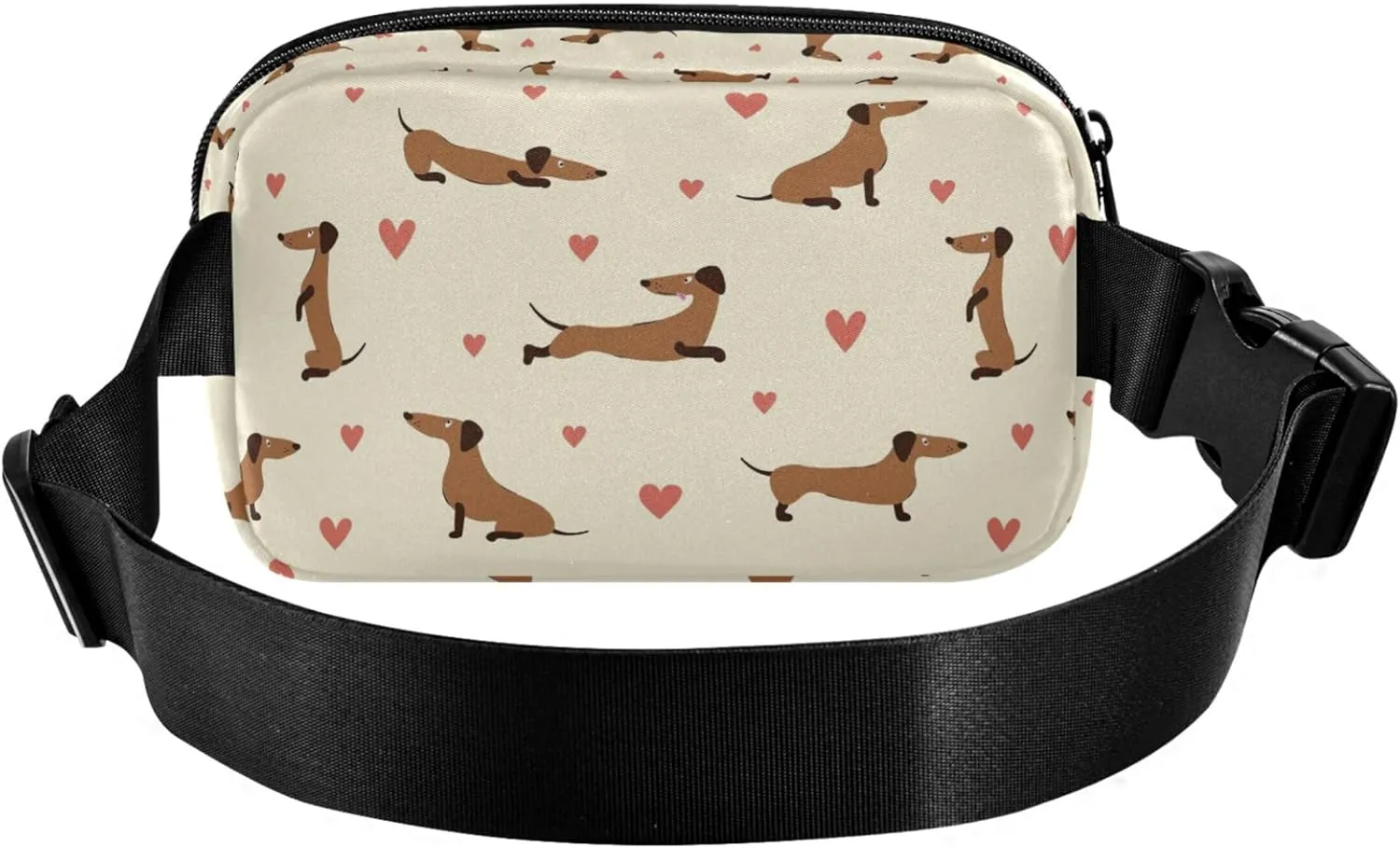 Cute Dachshunds Hearts Khaki Fanny Packs for Women Large Hip Belt Bag Waterproof Hiking Travel Waist Bag