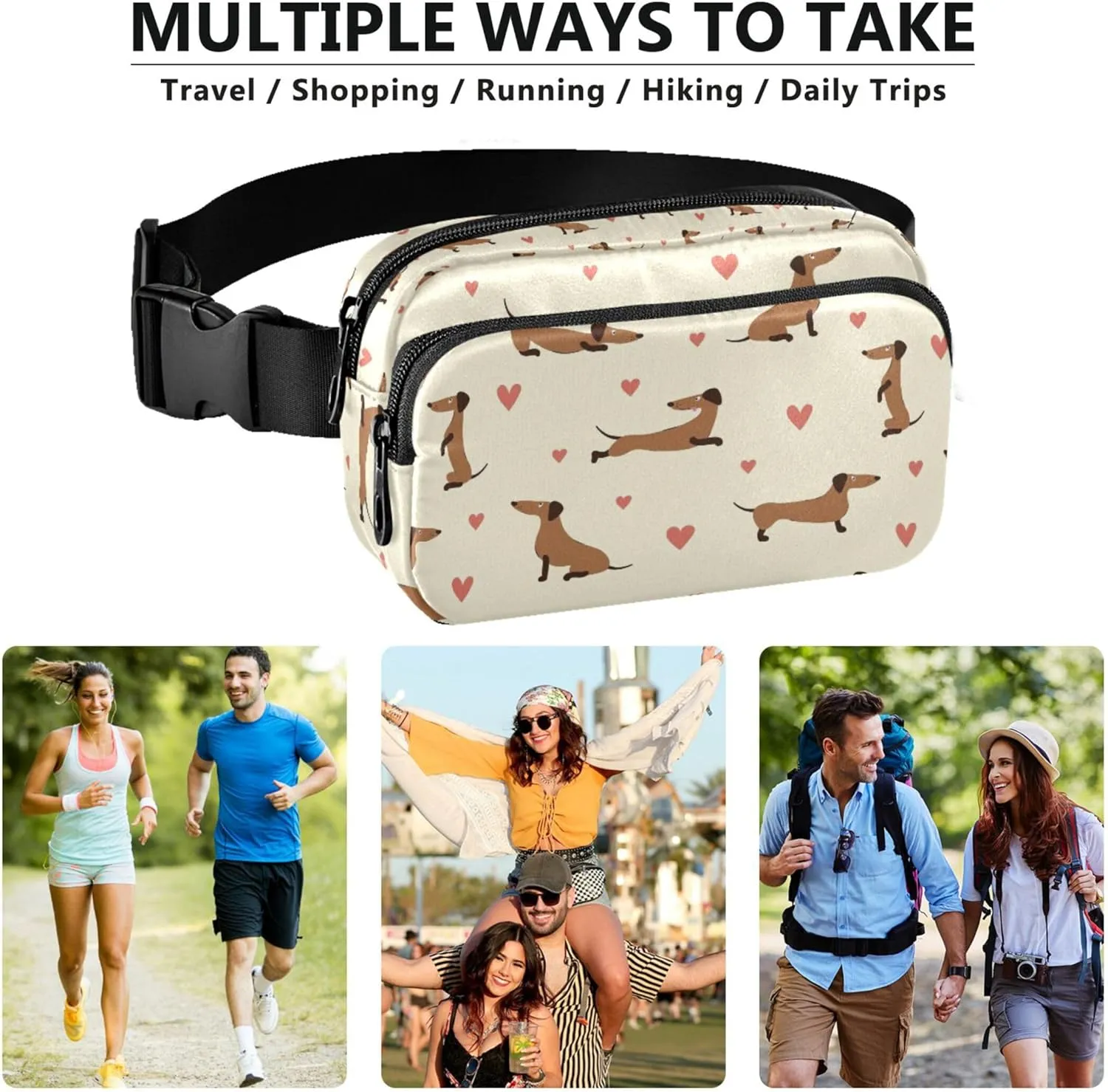 Cute Dachshunds Hearts Khaki Fanny Packs for Women Large Hip Belt Bag Waterproof Hiking Travel Waist Bag