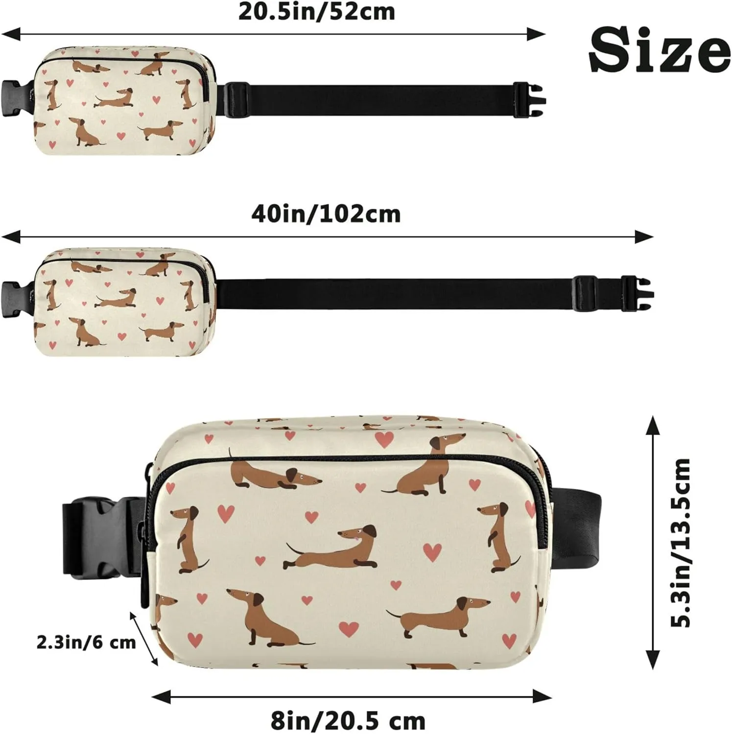 Cute Dachshunds Hearts Khaki Fanny Packs for Women Large Hip Belt Bag Waterproof Hiking Travel Waist Bag