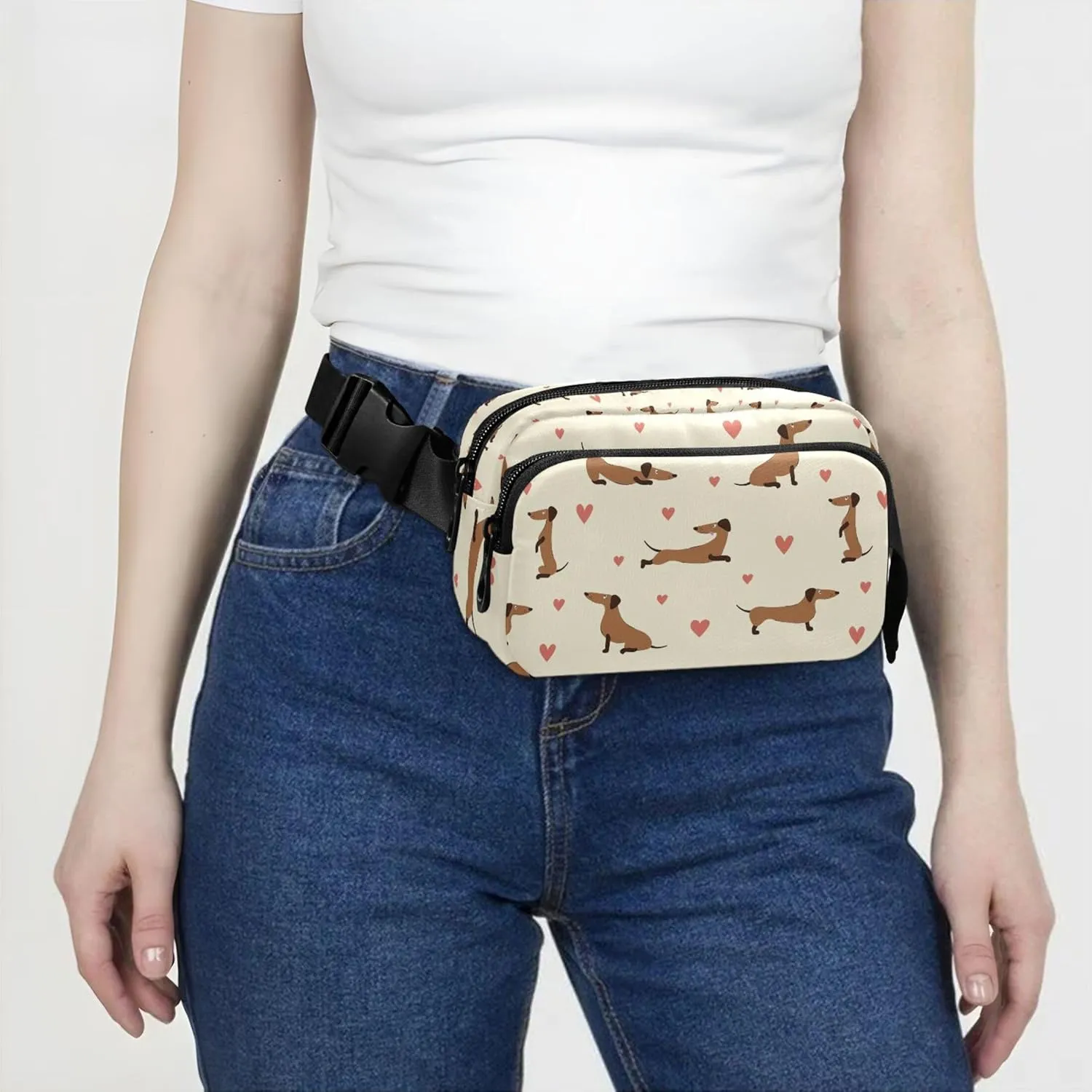 Cute Dachshunds Hearts Khaki Fanny Packs for Women Large Hip Belt Bag Waterproof Hiking Travel Waist Bag