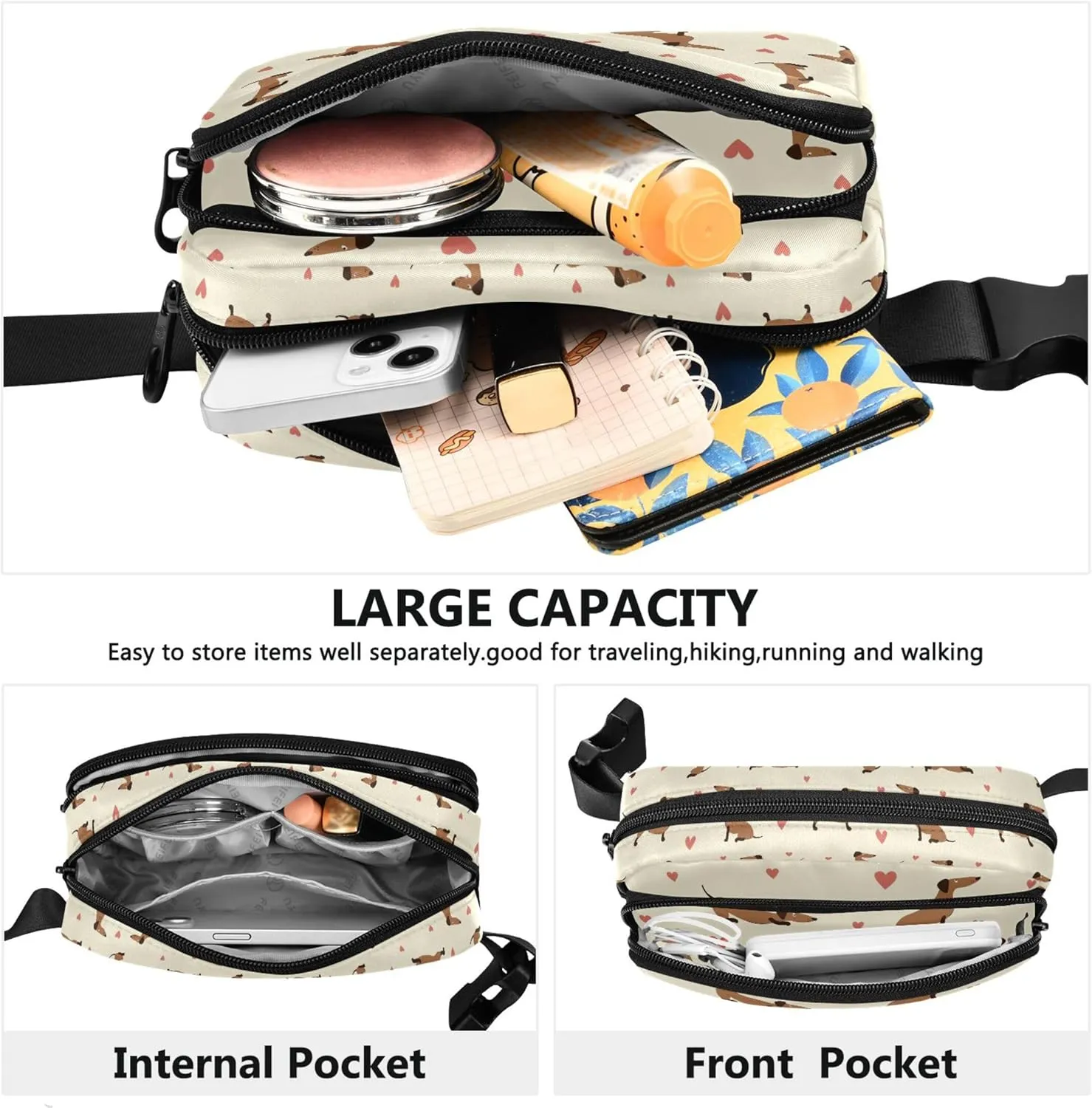 Cute Dachshunds Hearts Khaki Fanny Packs for Women Large Hip Belt Bag Waterproof Hiking Travel Waist Bag