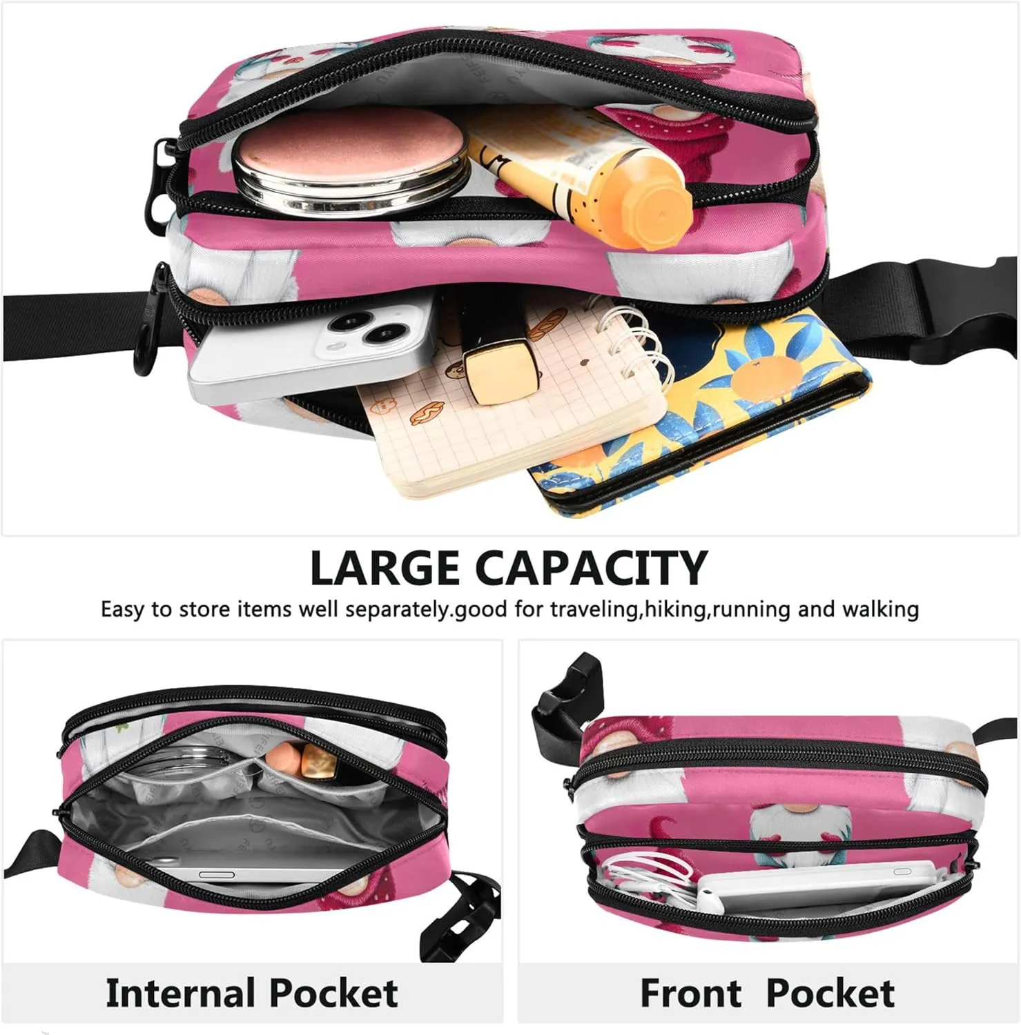 Cute Gnome Pink Fanny Pack for Women Colorful Belt Bag Hip Pouch Waterproof Cross Body Waist Pack