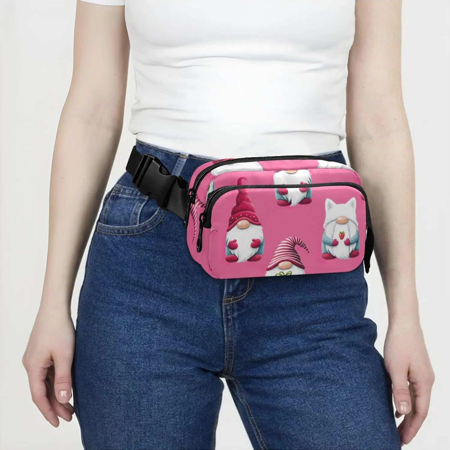 Cute Gnome Pink Fanny Pack for Women Colorful Belt Bag Hip Pouch Waterproof Cross Body Waist Pack