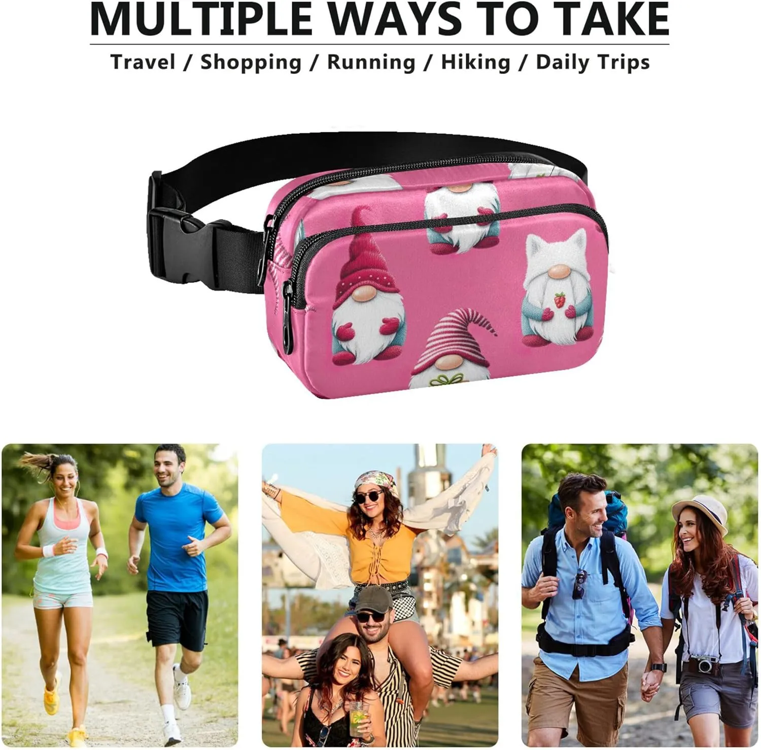 Cute Gnome Pink Fanny Pack for Women Colorful Belt Bag Hip Pouch Waterproof Cross Body Waist Pack